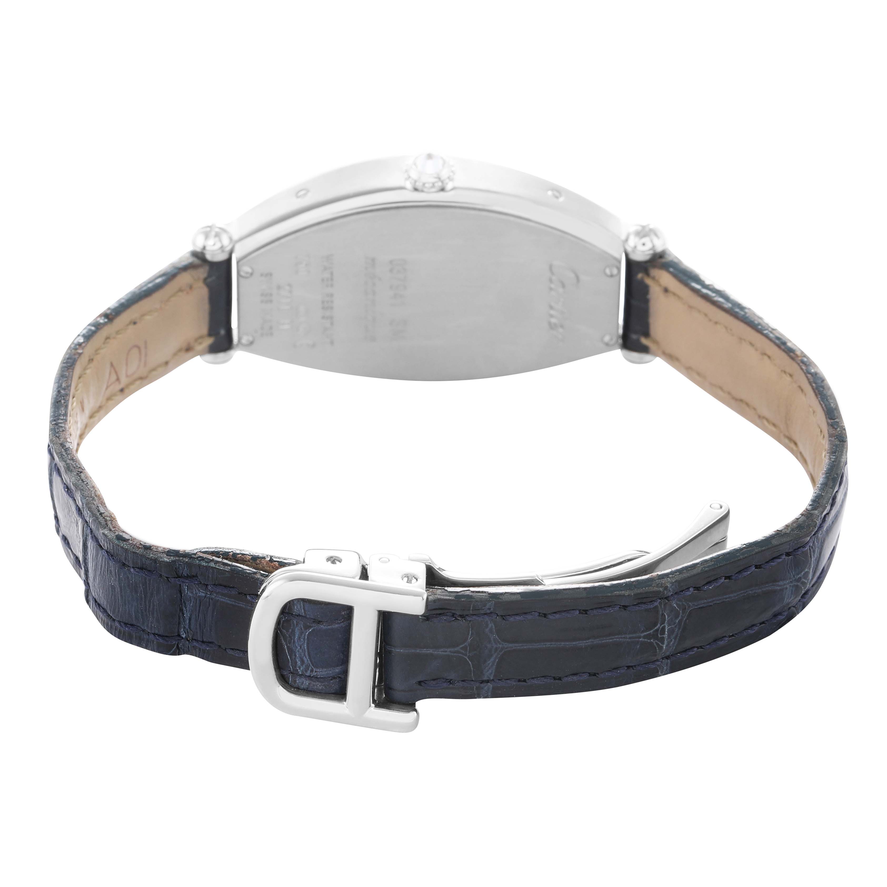 The Cartier Tonneau WE400131 Women's White Gold Silver Dial watch is shown from the back, highlighting its case back, two side buttons, and leather strap with buckle.