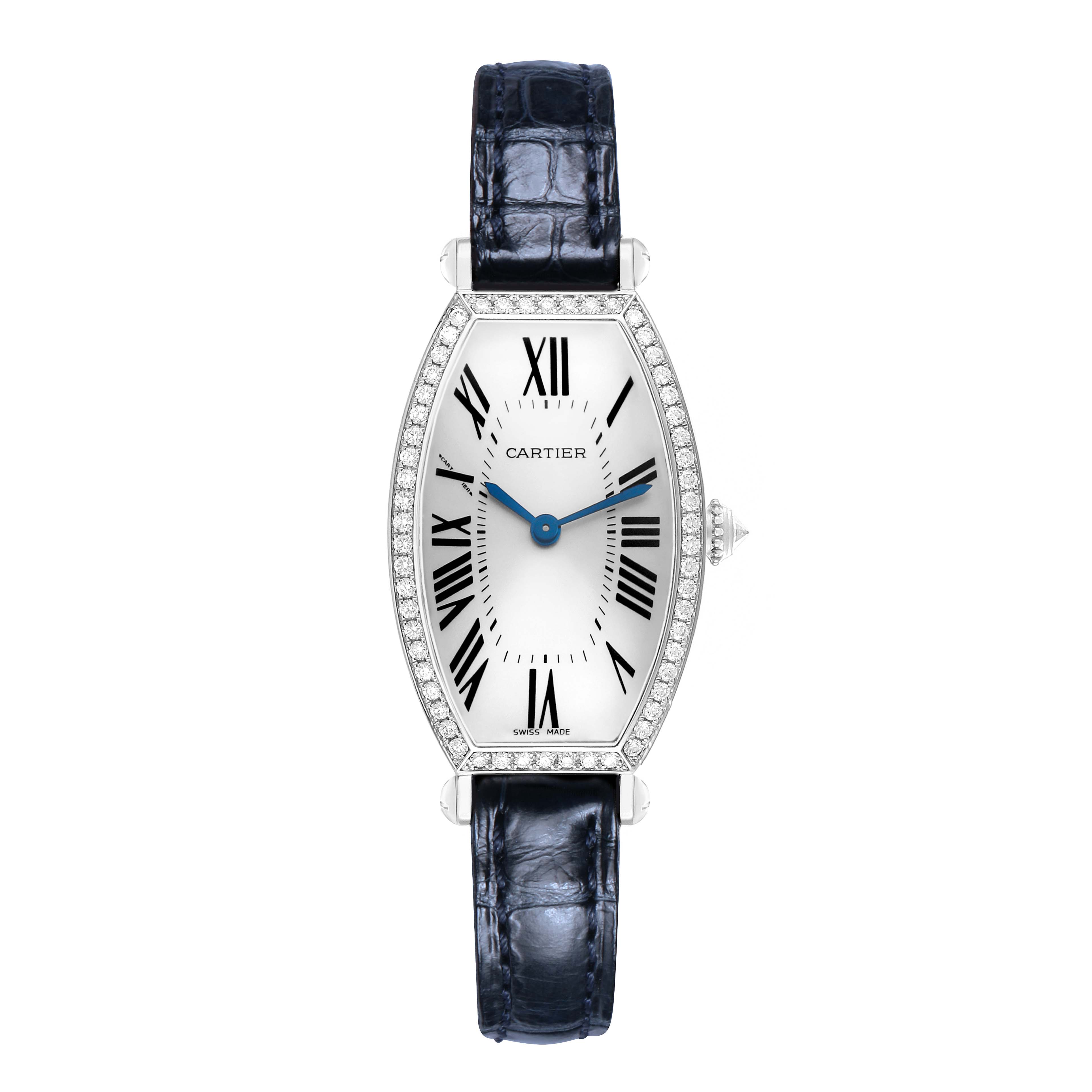 The Cartier Tonneau WE400131 Women's White Gold Silver Dial watch shown is at a front view, highlighting the face, Roman numerals, blue hands, and diamond bezel.