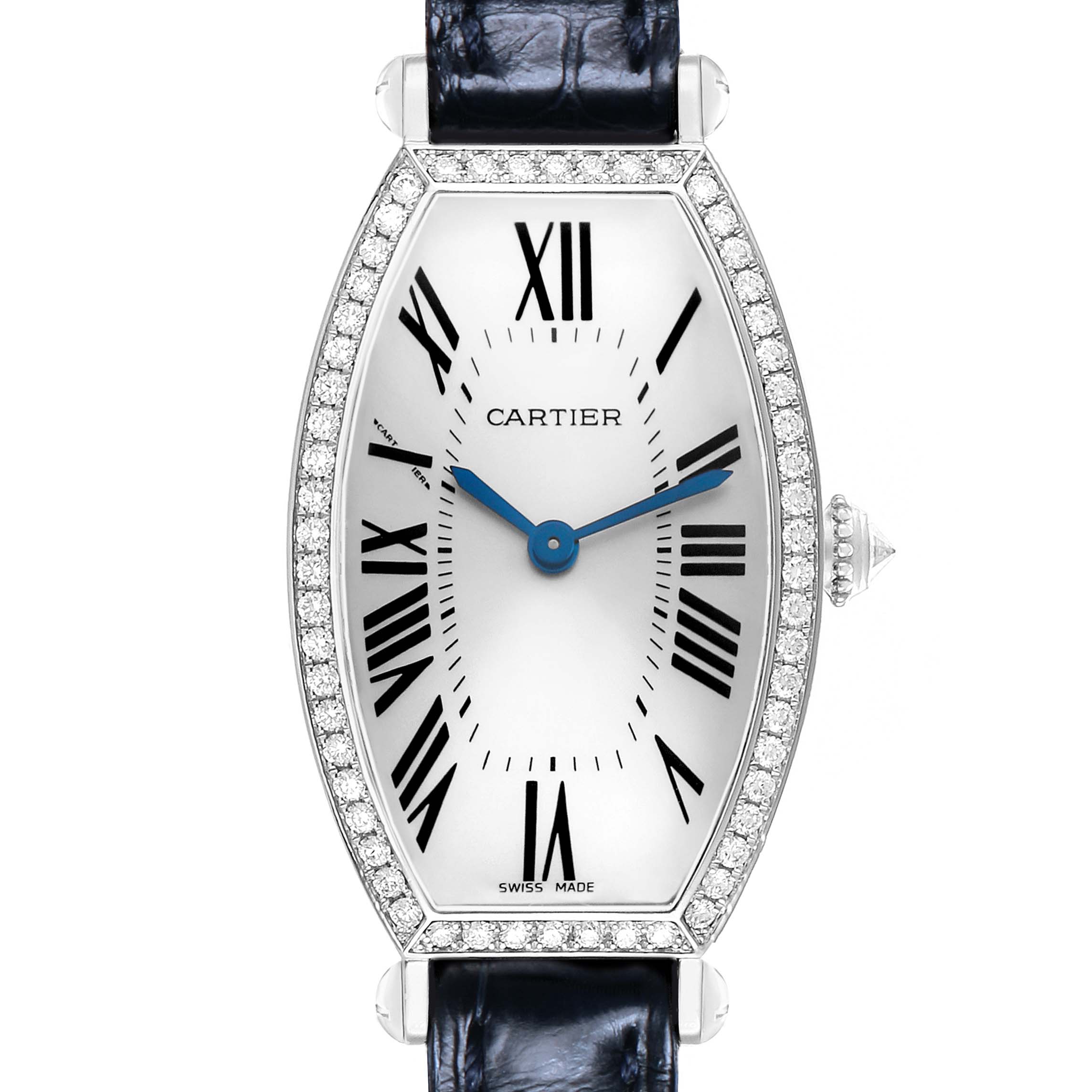 The Cartier Tonneau WE400131 Women's White Gold Silver Dial watch is shown from a front angle, displaying the dial, Roman numerals, and diamond-set bezel.