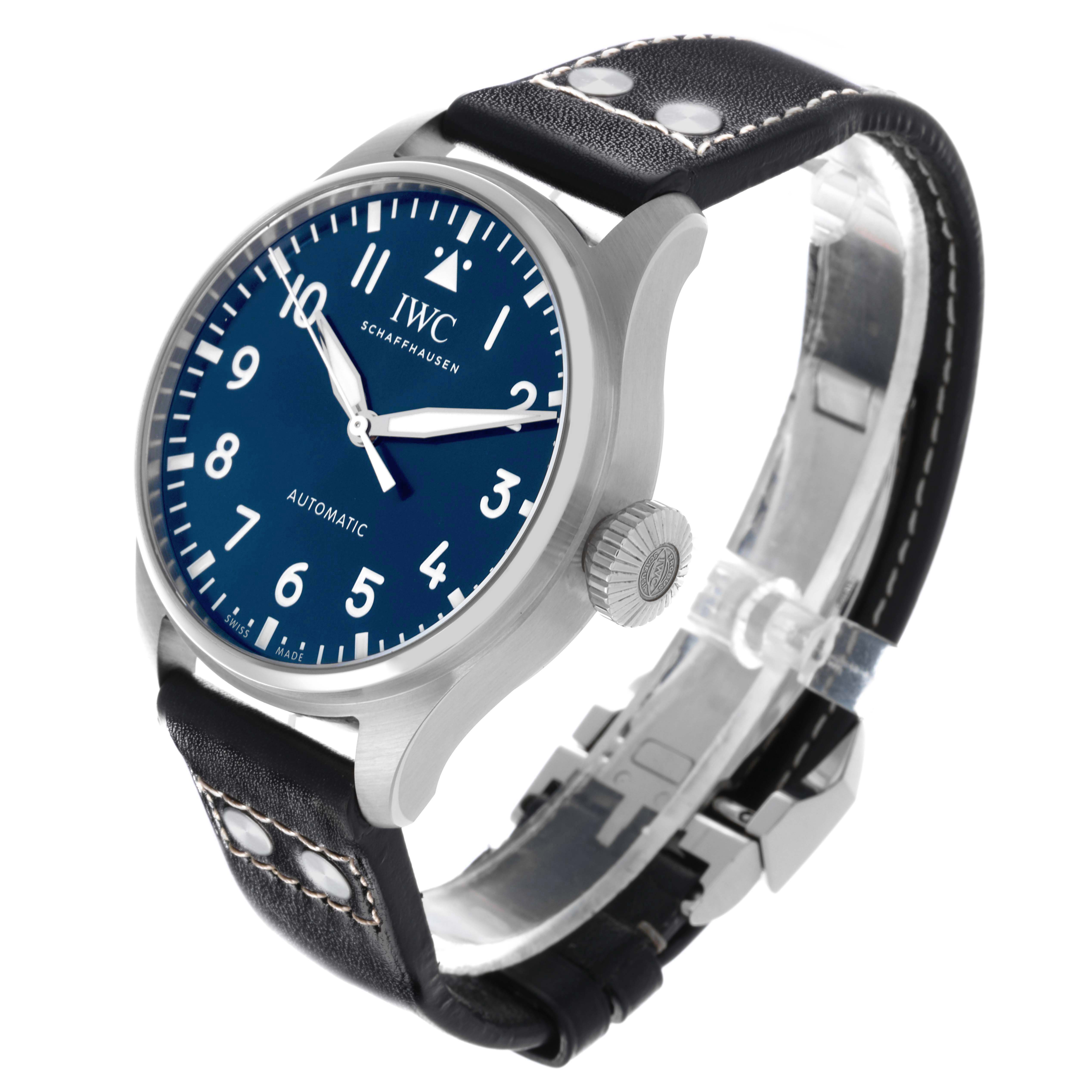 The IWC Pilot IW329303 Men's Stainless Steel Blue Dial IW329303 Men's Stainless Steel Blue Dial watch is shown from a three-quarter angle, highlighting the face, crown, and leather strap.