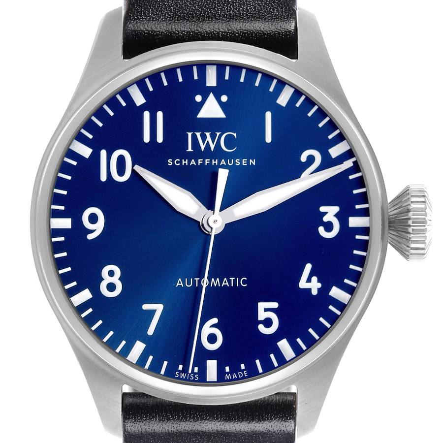 The IWC Pilot watch is shown from a front angle, displaying its face, crown, and part of the band.