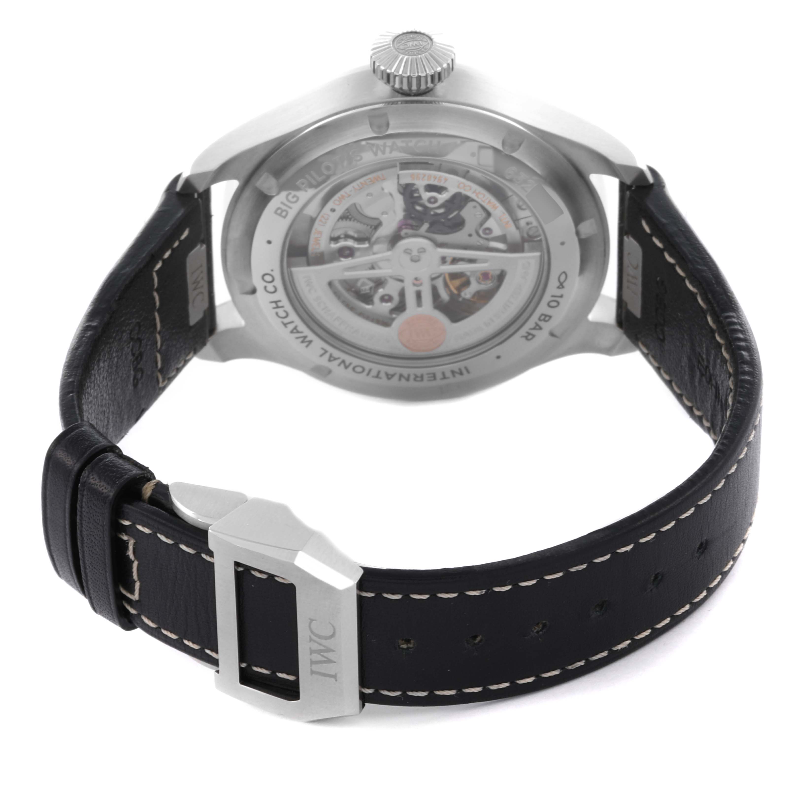 The image shows the back view of the IWC Pilot IW329303 Men's Stainless Steel Blue Dial IW329303 Men's Stainless Steel Blue Dial watch, highlighting the movement and leather strap.