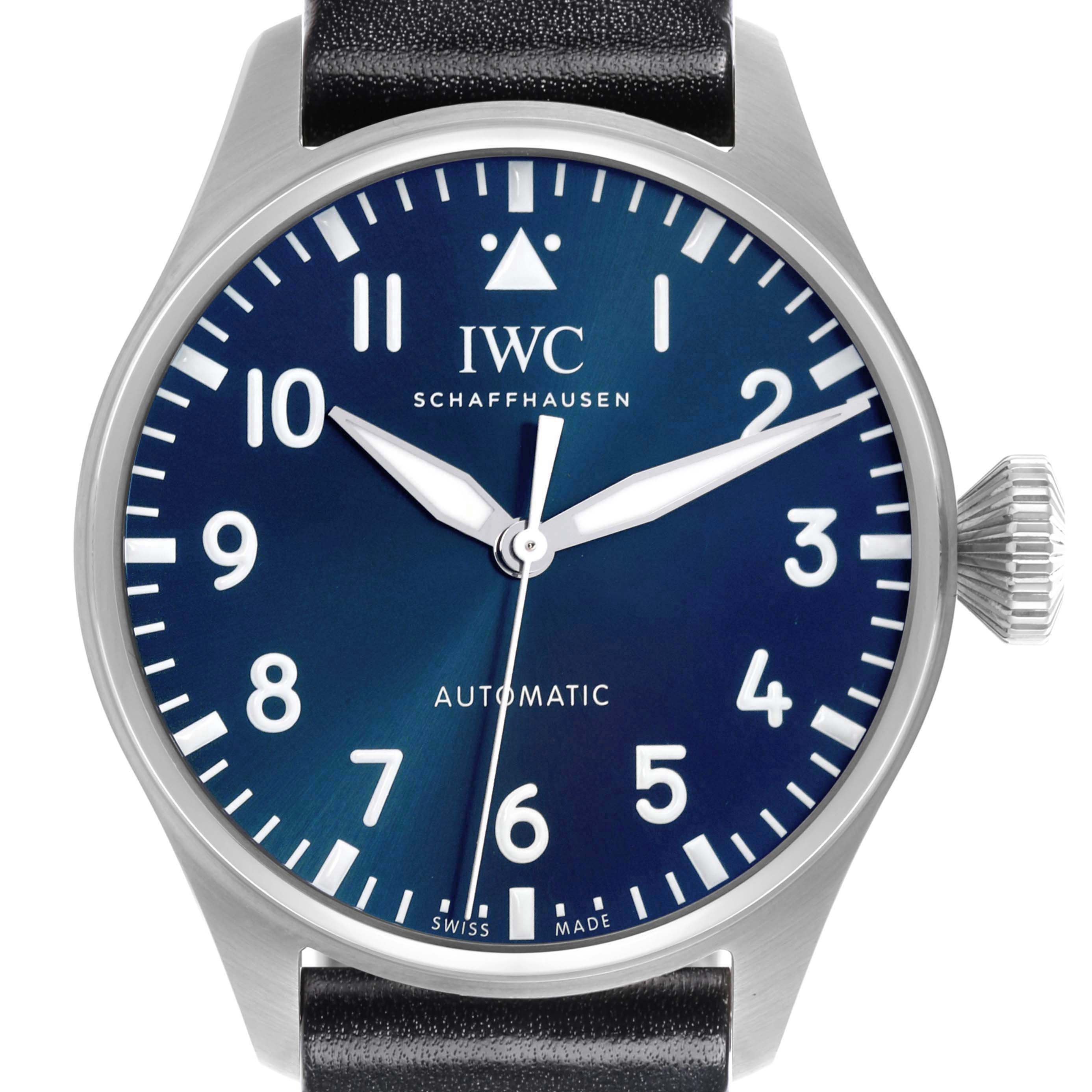 This IWC Pilot IW329303 Men's Stainless Steel Blue Dial IW329303 Men's Stainless Steel Blue Dial watch is shown from a front angle, displaying the dial, hands, crown, and part of the strap.