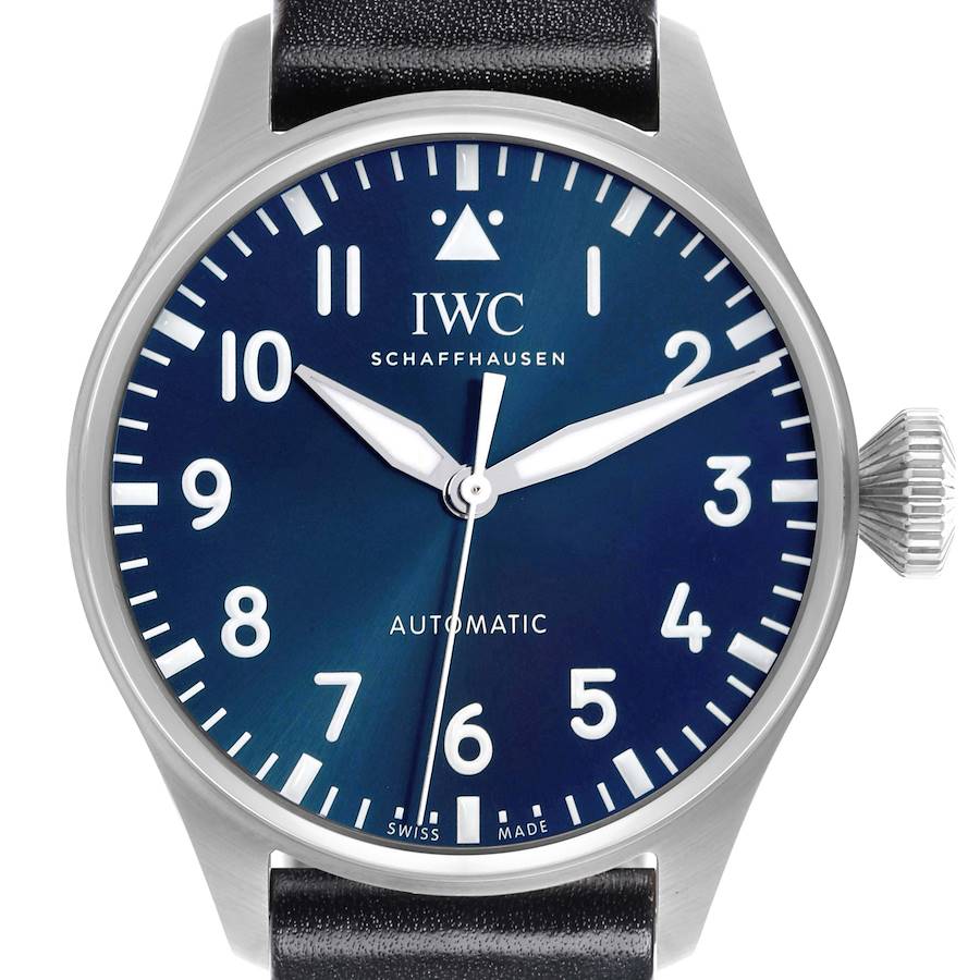 This IWC Pilot watch is shown from a front angle, displaying the dial, hands, crown, and part of the strap.