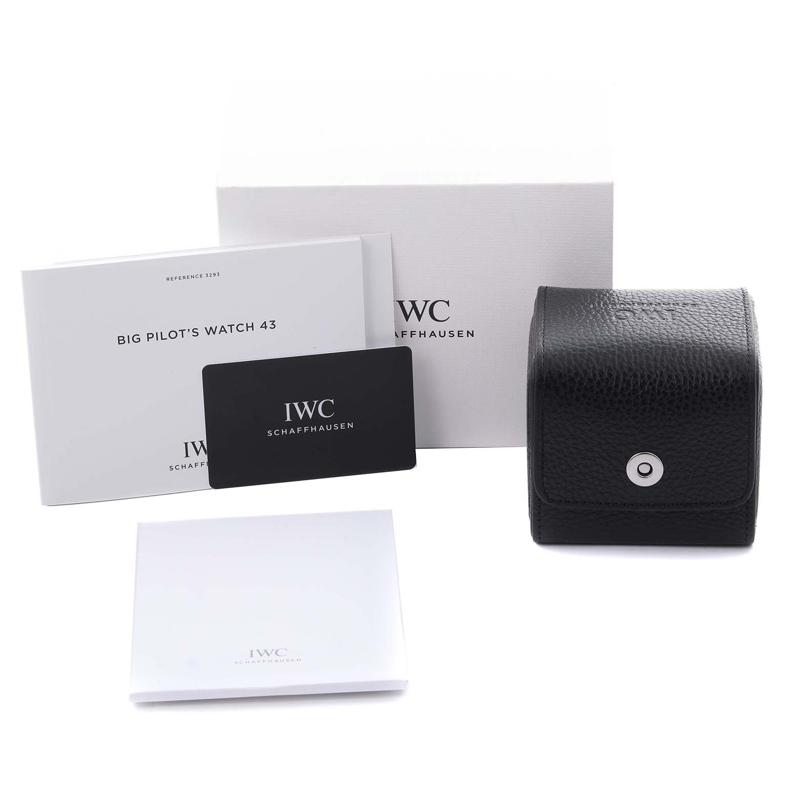 The image shows a side view of IWC Pilot IW329303 Men's Stainless Steel Blue Dial IW329303 Men's Stainless Steel Blue Dial watch accessories, including a box, pouch, manuals, and a warranty card.