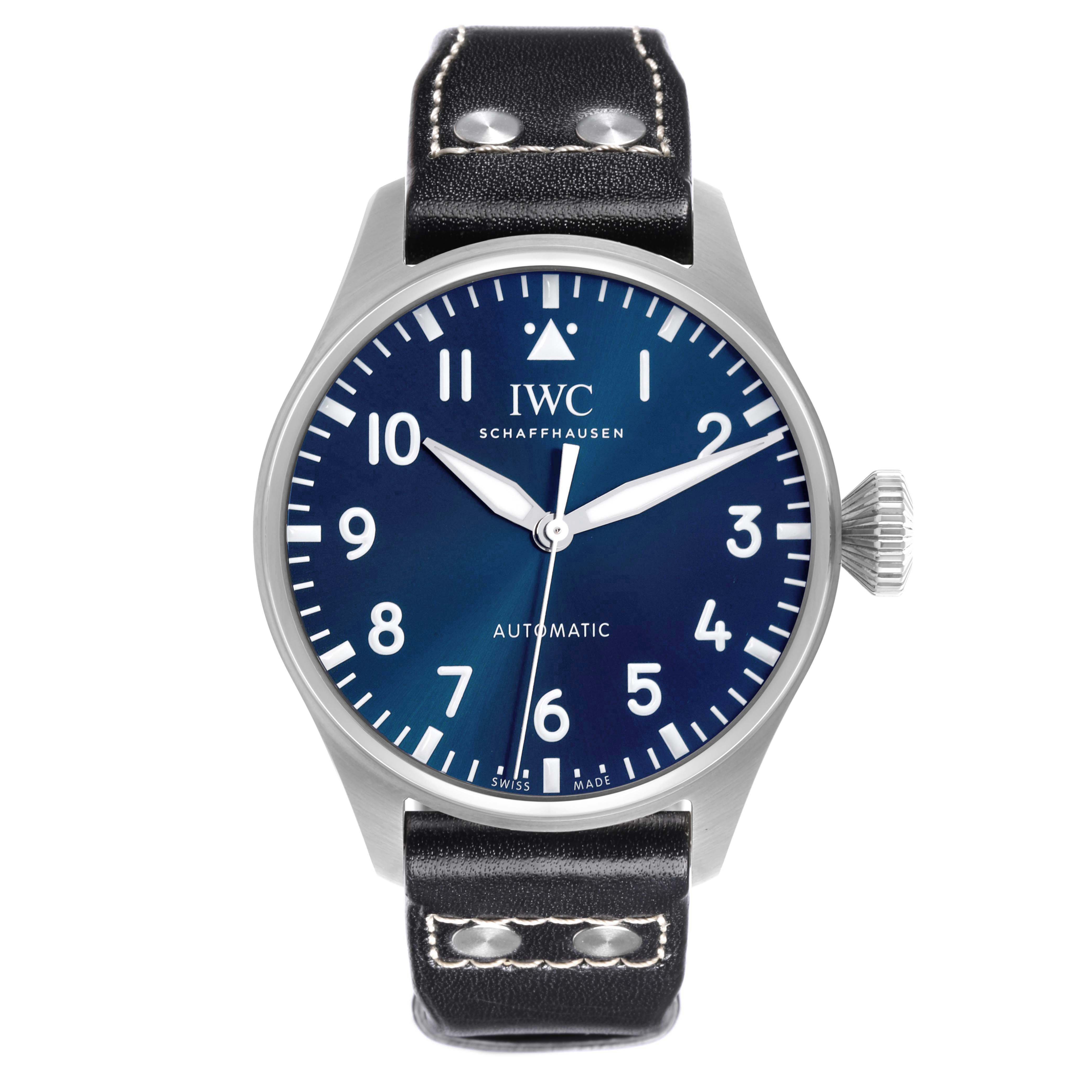 The IWC Pilot IW329303 Men's Stainless Steel Blue Dial IW329303 Men's Stainless Steel Blue Dial model watch is shown from a front angle, displaying the dial, crown, and leather strap with stitching.