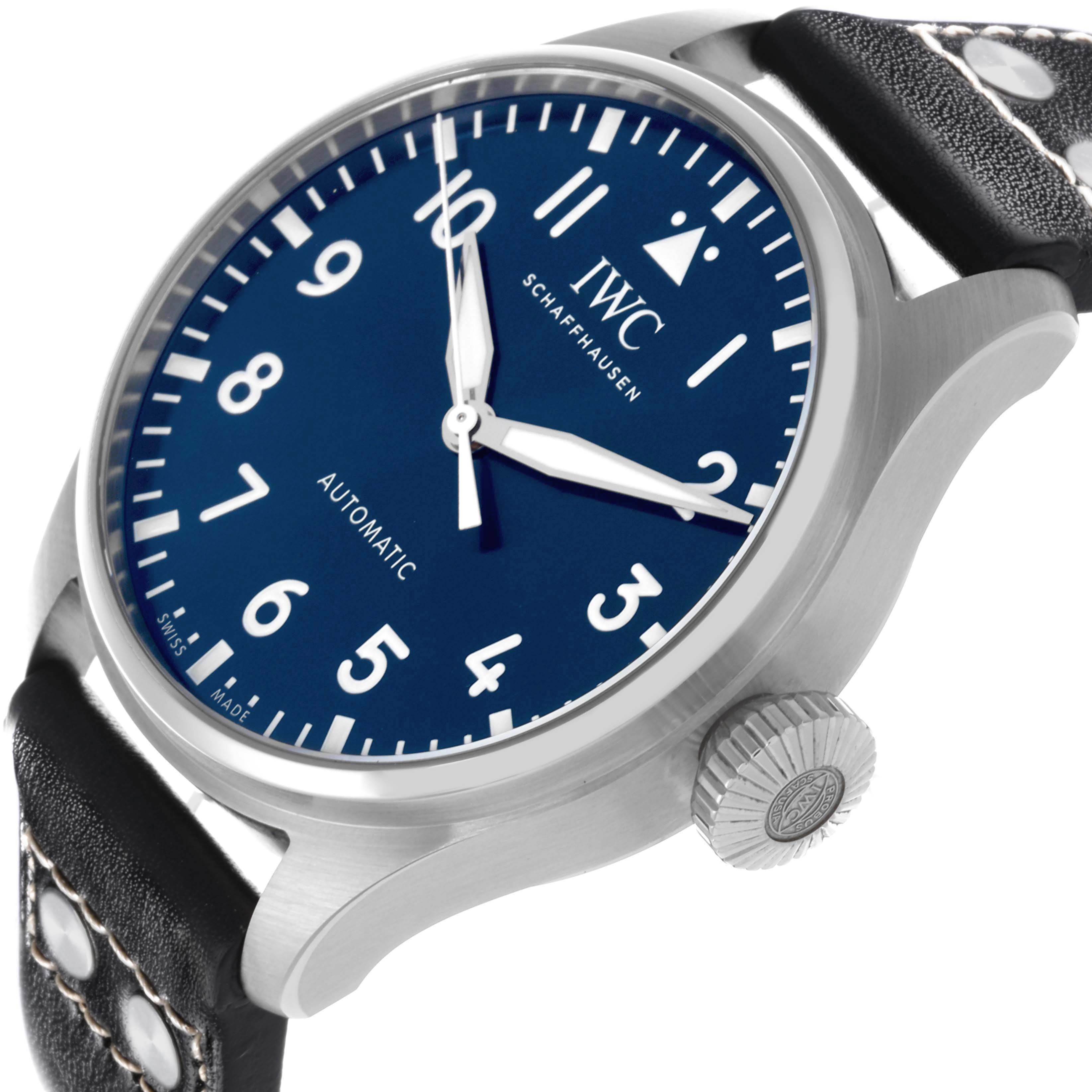 The IWC Pilot IW329303 Men's Stainless Steel Blue Dial IW329303 Men's Stainless Steel Blue Dial watch is shown at an angled side view, highlighting the dial, case, crown, and strap details.