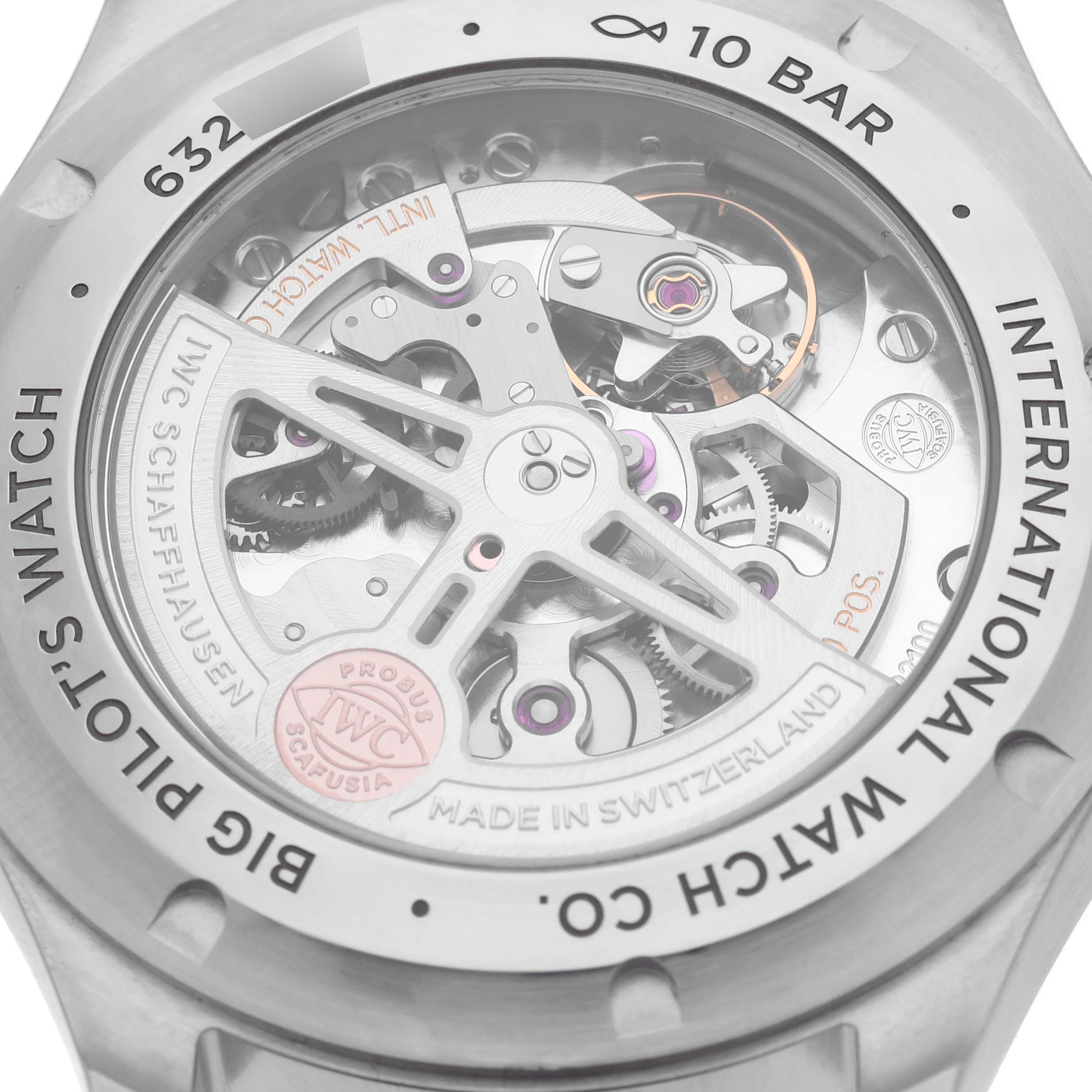 The image shows the back view of an IWC Pilot IW329303 Men's Stainless Steel Blue Dial IW329303 Men's Stainless Steel Blue Dial's Watch, revealing the intricate internal mechanisms.