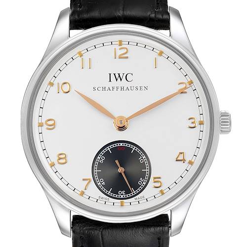 This is a frontal view of the IWC Portuguese model watch, showing the dial, hands, indices, and crown.