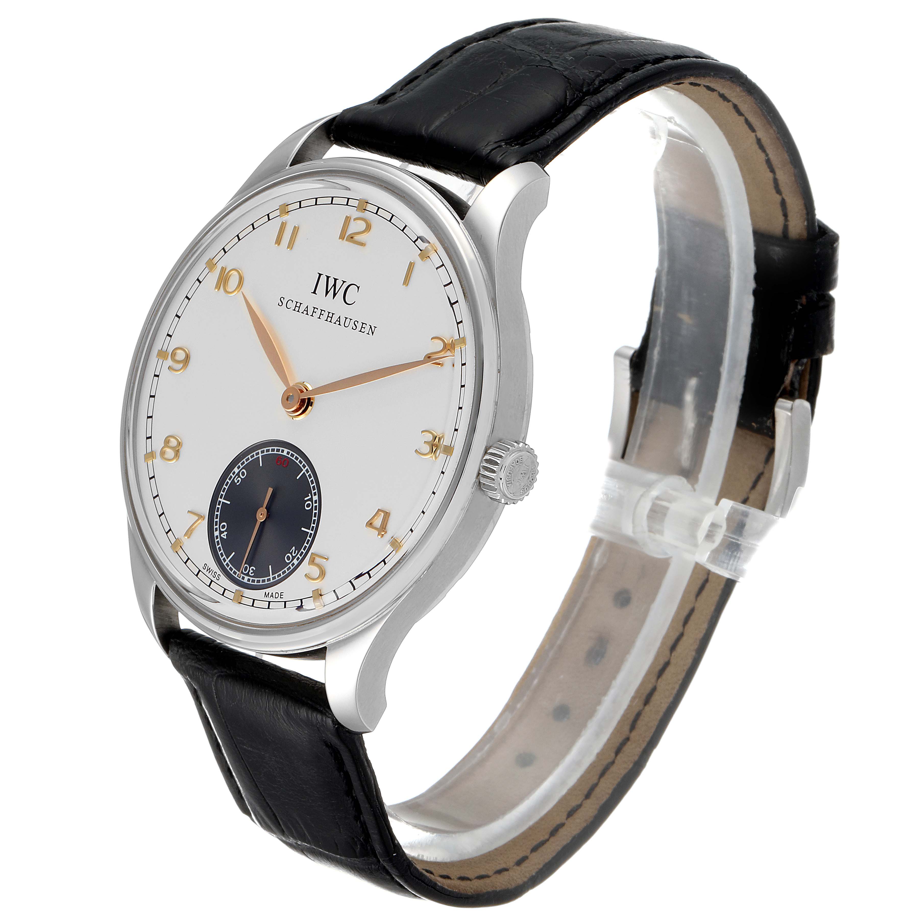 The IWC Portuguese IW545405 Men's Stainless Steel Silver Dial IW545405 Men's Stainless Steel Silver Dial watch is shown at a three-quarter angle, displaying the face, bezel, crown, and black leather strap.