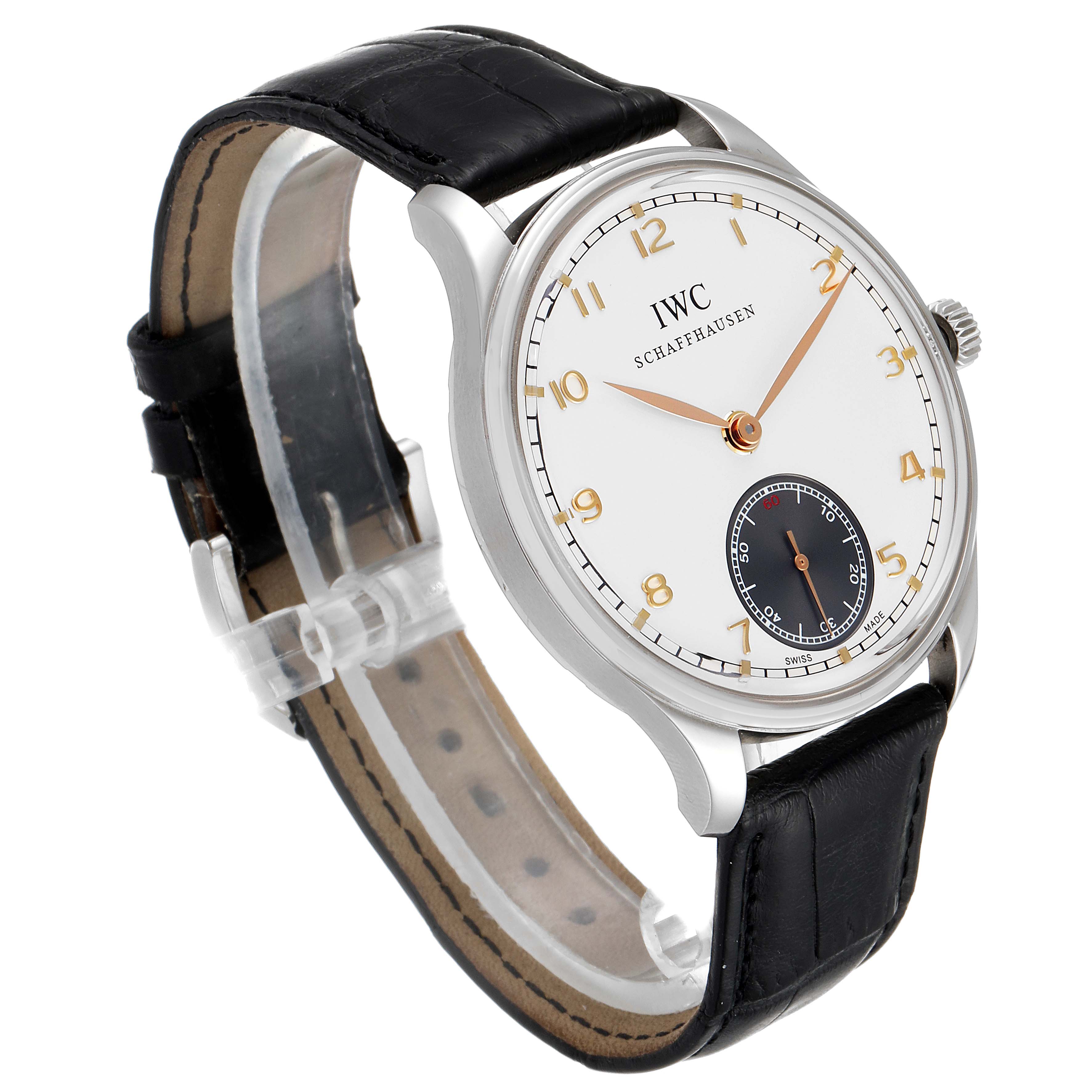 The image shows a side-angle view of the IWC Portuguese IW545405 Men's Stainless Steel Silver Dial IW545405 Men's Stainless Steel Silver Dial model watch, highlighting the face, strap, and crown.