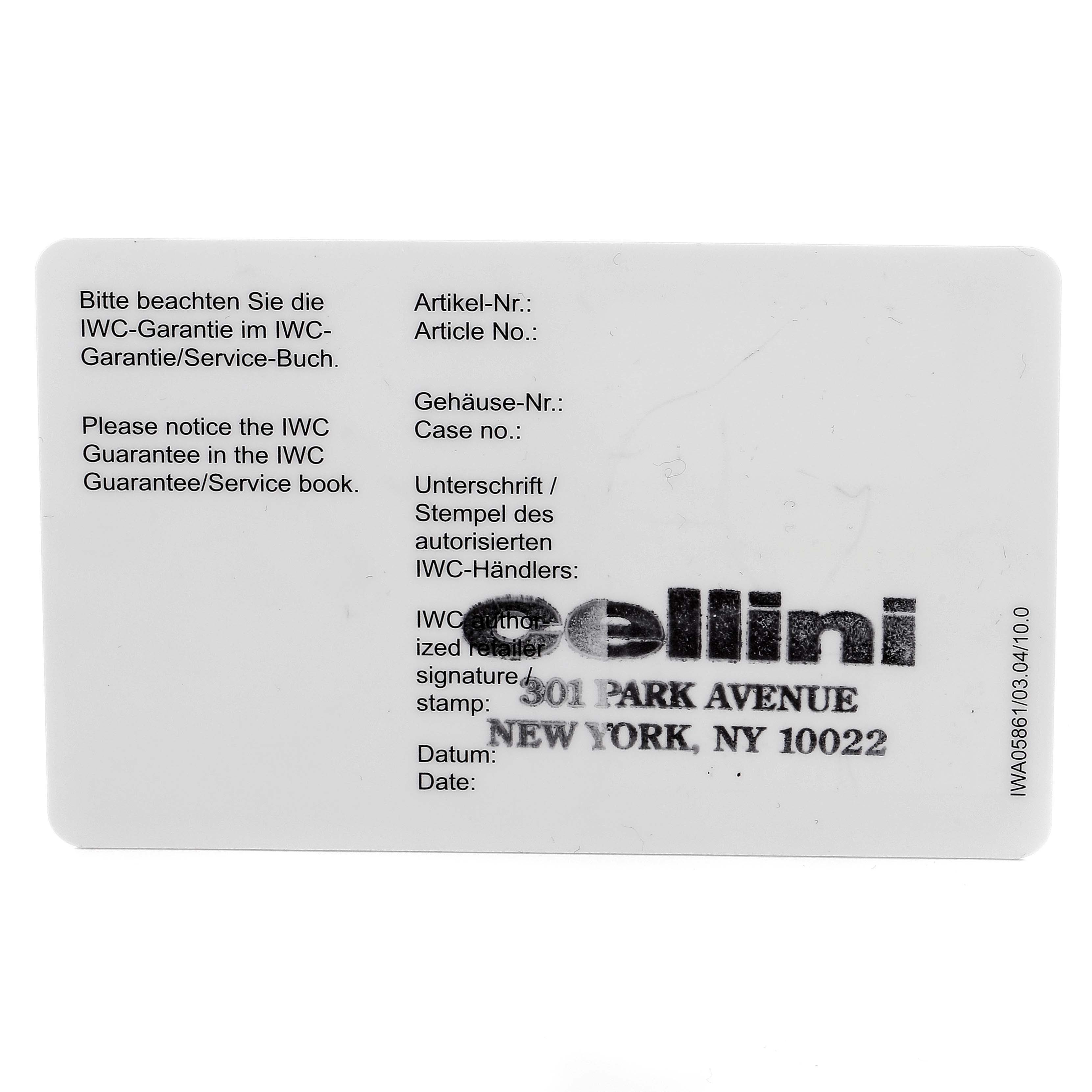 This image shows the warranty card for an IWC Portuguese IW545405 Men's Stainless Steel Silver Dial IW545405 Men's Stainless Steel Silver Dial model watch, featuring details like the article number, case number, and retailer information.