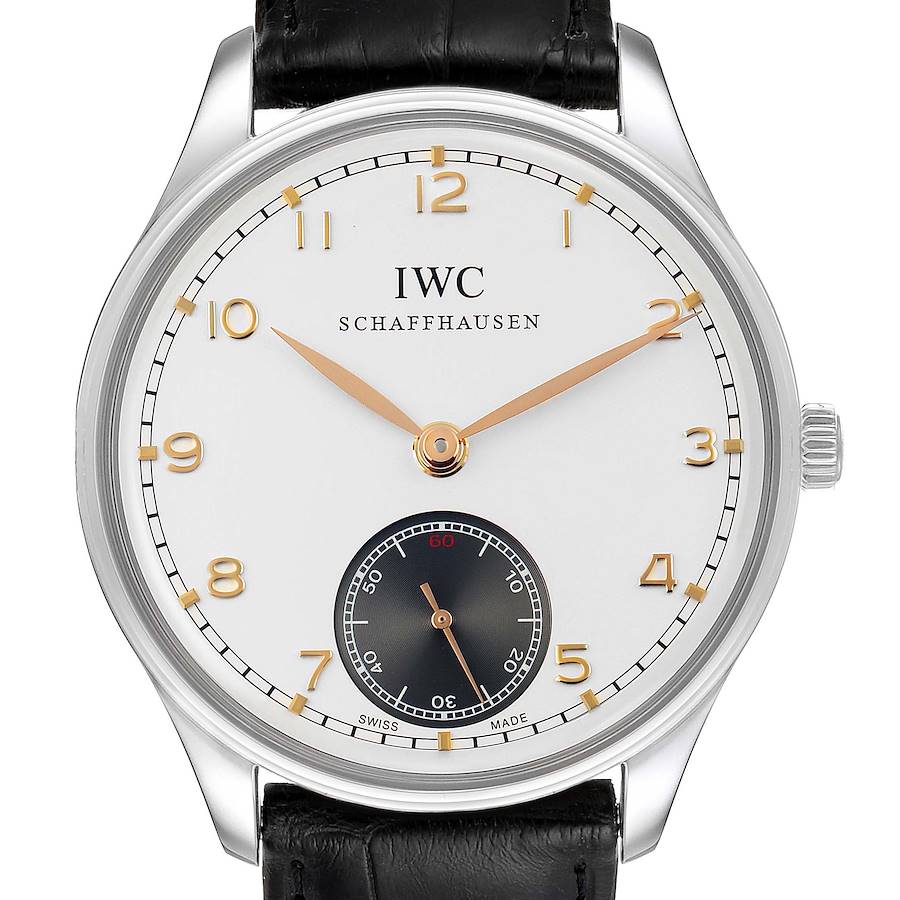 The IWC Portuguese watch is shown from the front, displaying its face, hands, dial, and part of the leather strap and crown.