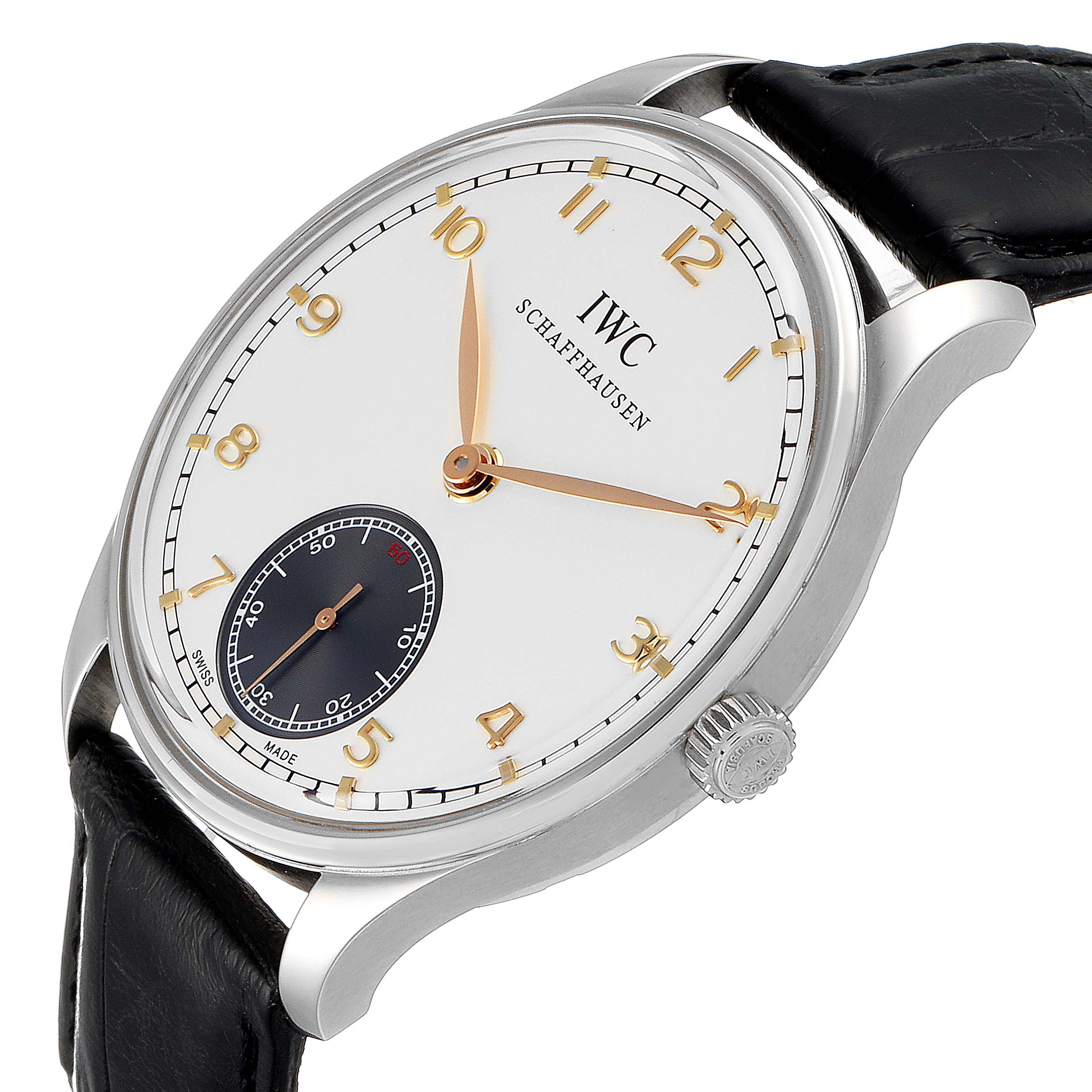 The IWC Portuguese IW545405 Men's Stainless Steel Silver Dial IW545405 Men's Stainless Steel Silver Dial model watch is shown from a slight side angle, highlighting the dial, crown, and black leather strap.