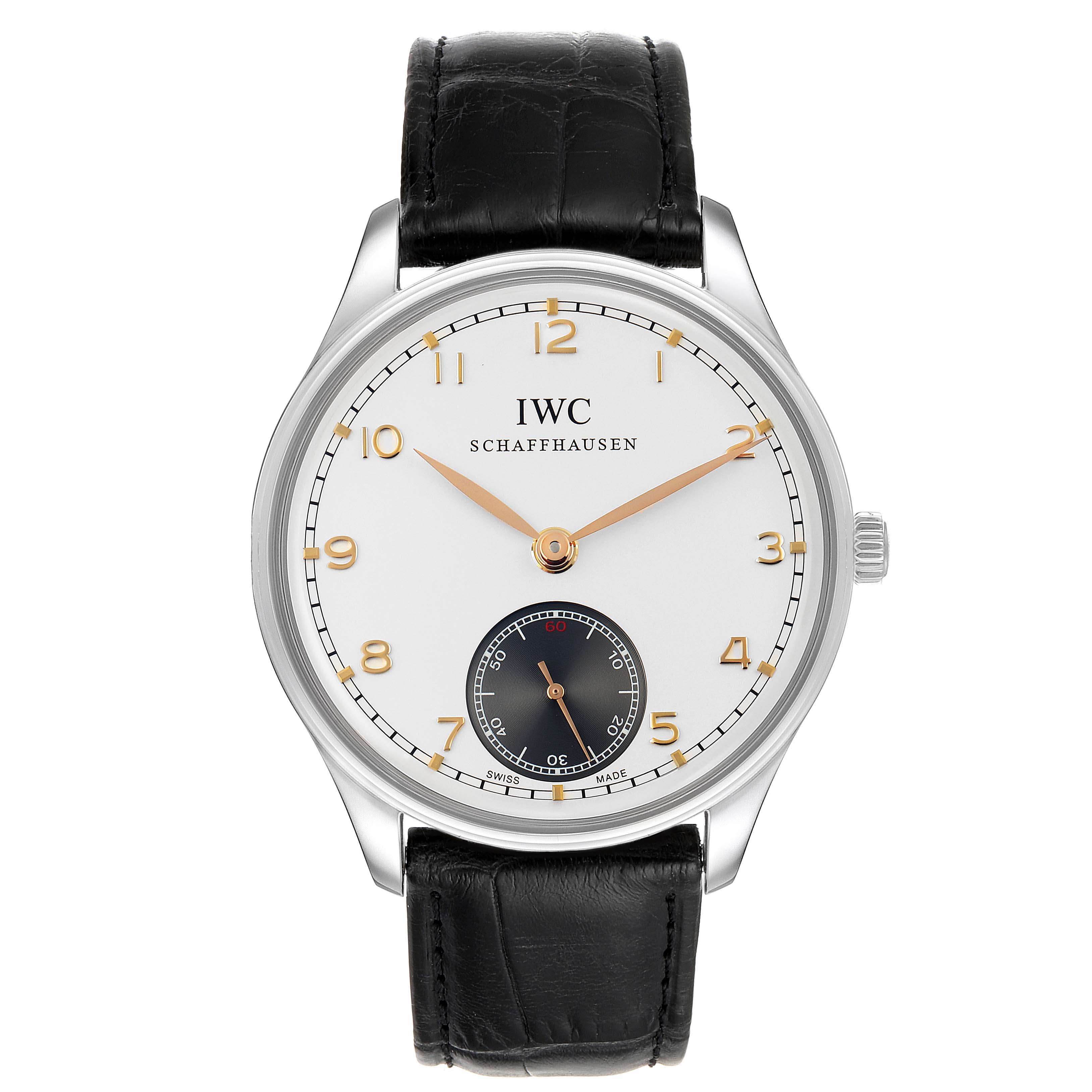 This image shows a front view of an IWC Portuguese IW545405 Men's Stainless Steel Silver Dial IW545405 Men's Stainless Steel Silver Dial model watch, displaying its white dial, gold numerals and hands, black subdial, and black leather strap.