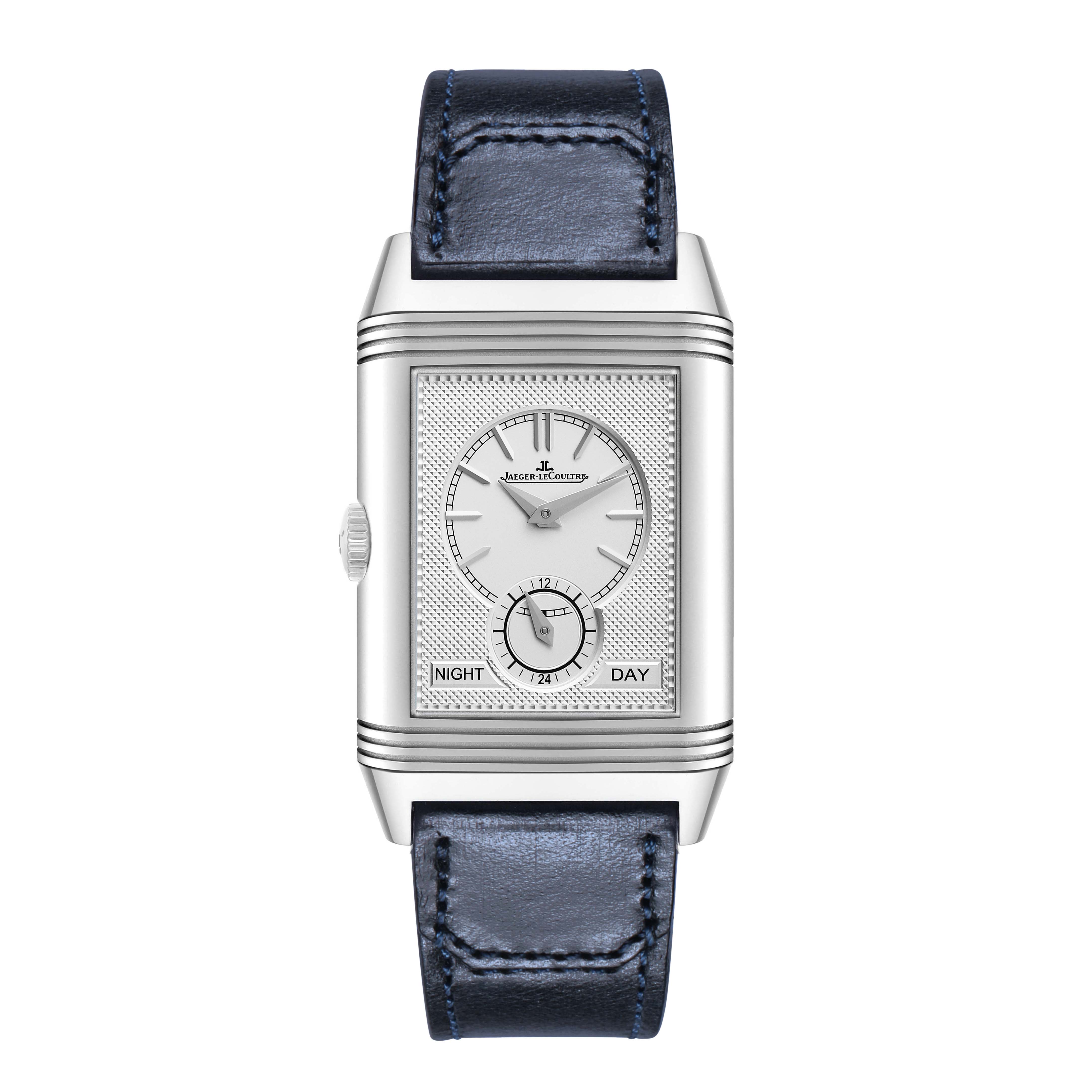 The image shows a front view of a Jaeger-LeCoultre Reverso watch with a blue leather strap and detailed dial.