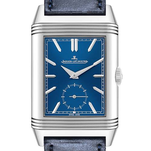 The image shows a front view of the Jaeger-LeCoultre Reverso watch, highlighting its dial and case details.