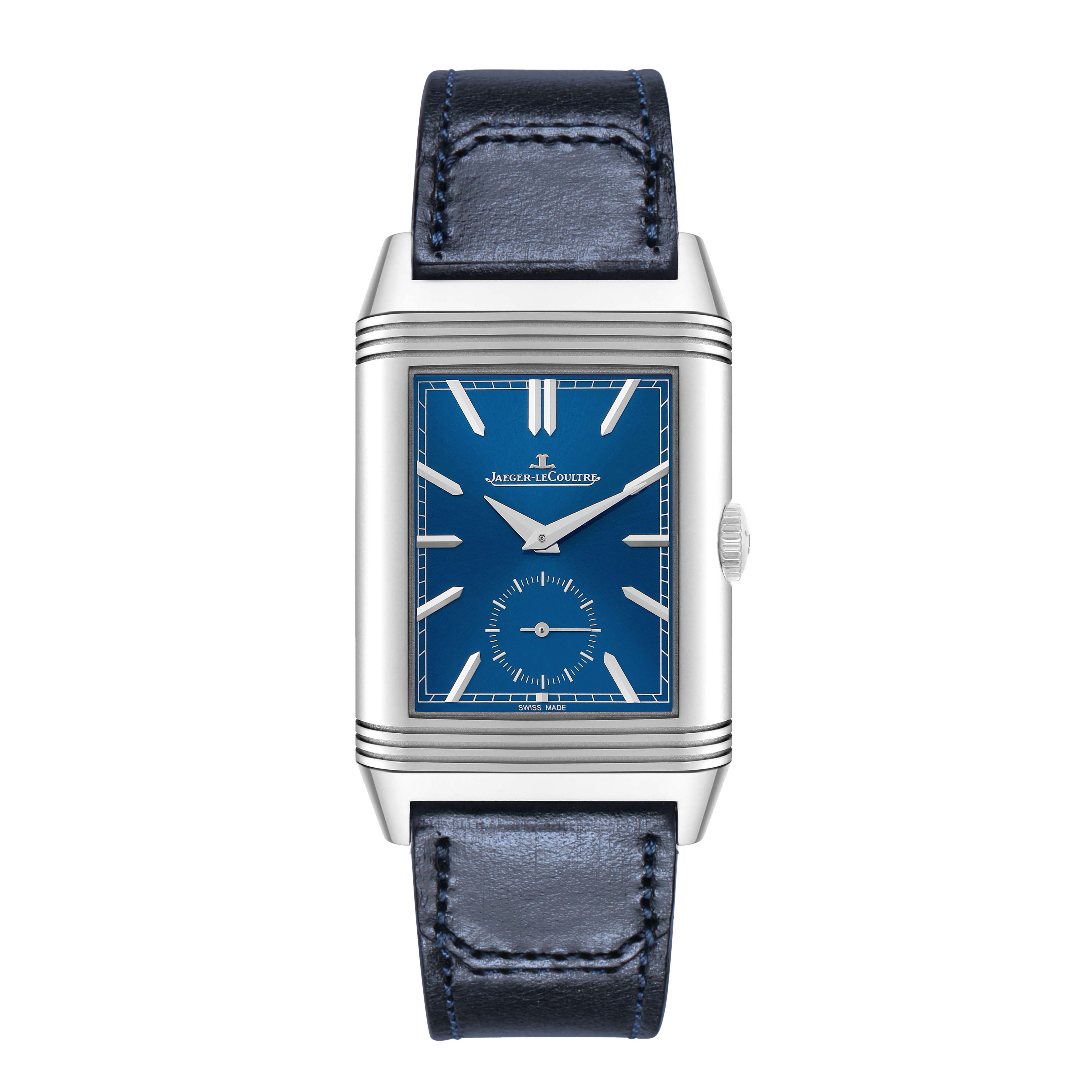 The Jaeger-LeCoultre Reverso watch is shown from the front, displaying the rectangular case, blue dial, and leather strap.