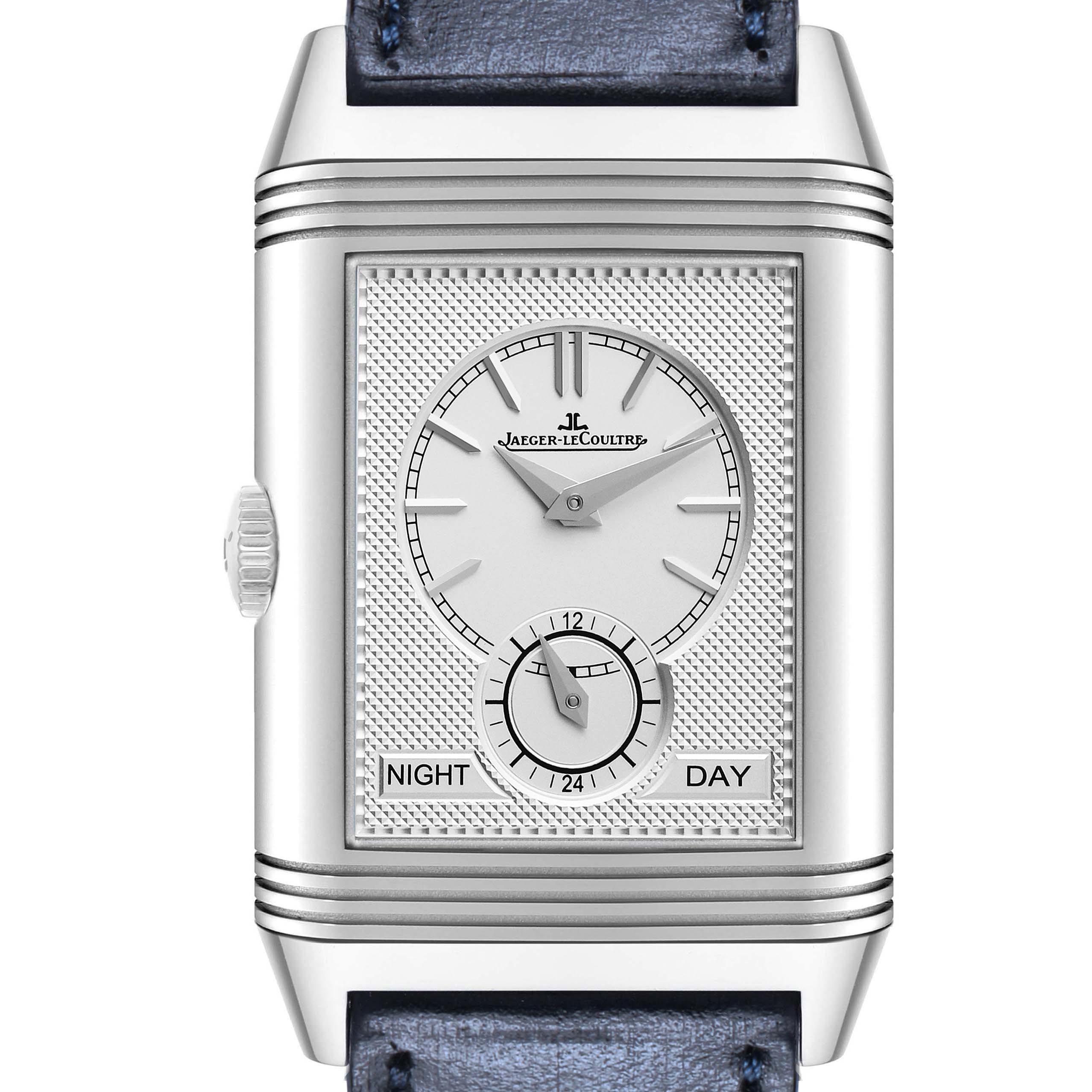 The Jaeger-LeCoultre Reverso watch is shown from the front, displaying its dial, hands, and crown on the side.