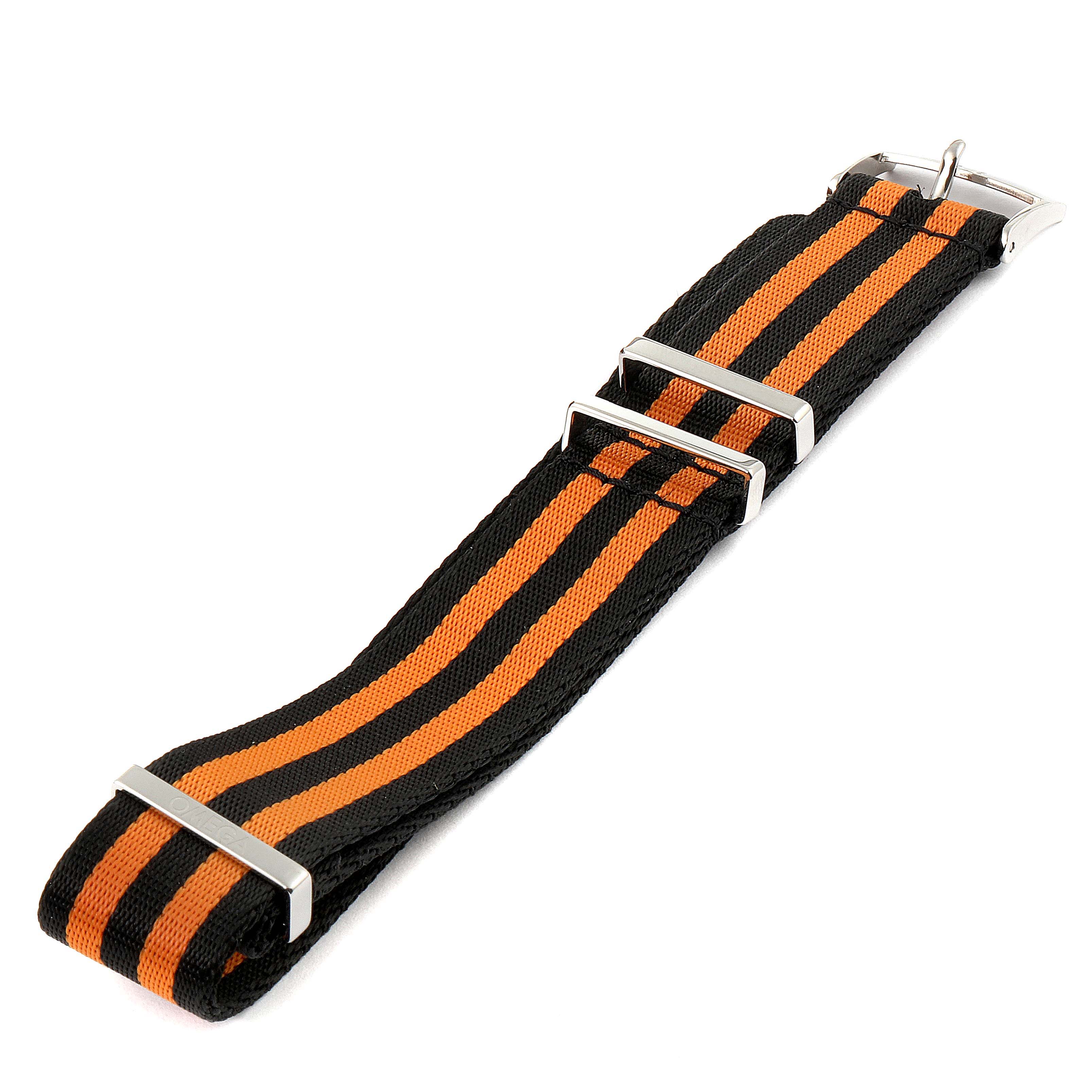 This image shows a striped, black and orange NATO strap for the Omega Aqua Terra 231.12.42.21.01.002 Men's Stainless Steel Black Dial 231.12.42.21.01.002 Men's Stainless Steel Black Dial watch, displayed flat with its buckle and keepers visible.