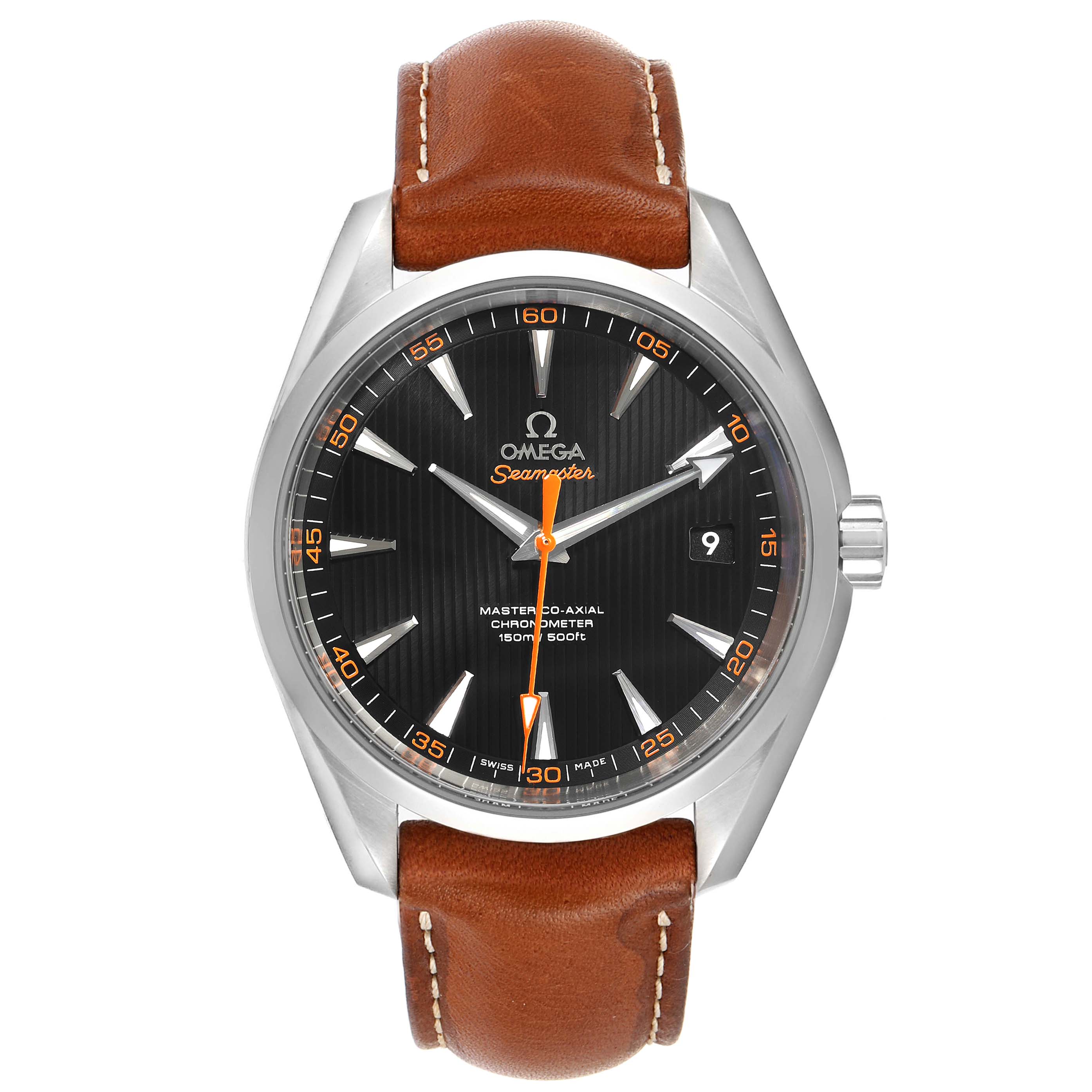 The image shows a front view of the Omega Aqua Terra 231.12.42.21.01.002 Men's Stainless Steel Black Dial 231.12.42.21.01.002 Men's Stainless Steel Black Dial watch, displaying the dial, hands, bezel, crown, and leather strap.