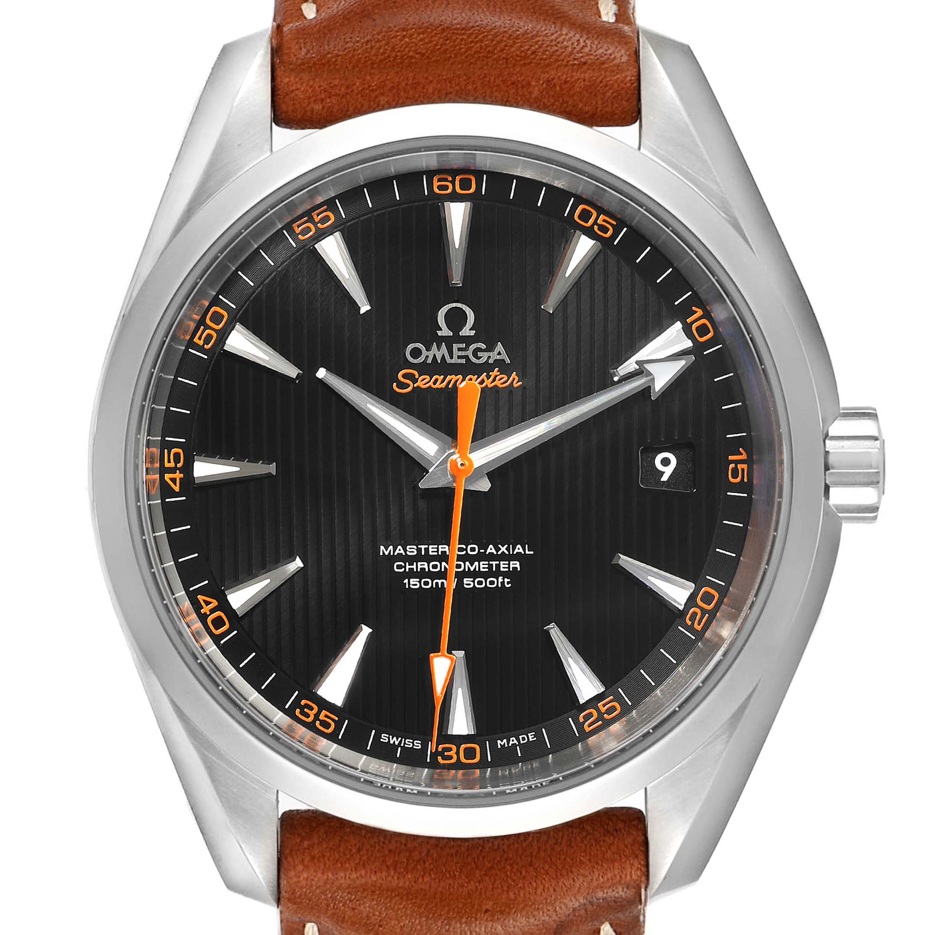 Front view of the Omega Aqua Terra 231.12.42.21.01.002 Men's Stainless Steel Black Dial 231.12.42.21.01.002 Men's Stainless Steel Black Dial watch showing the face, dial, bezel, and part of the leather strap.