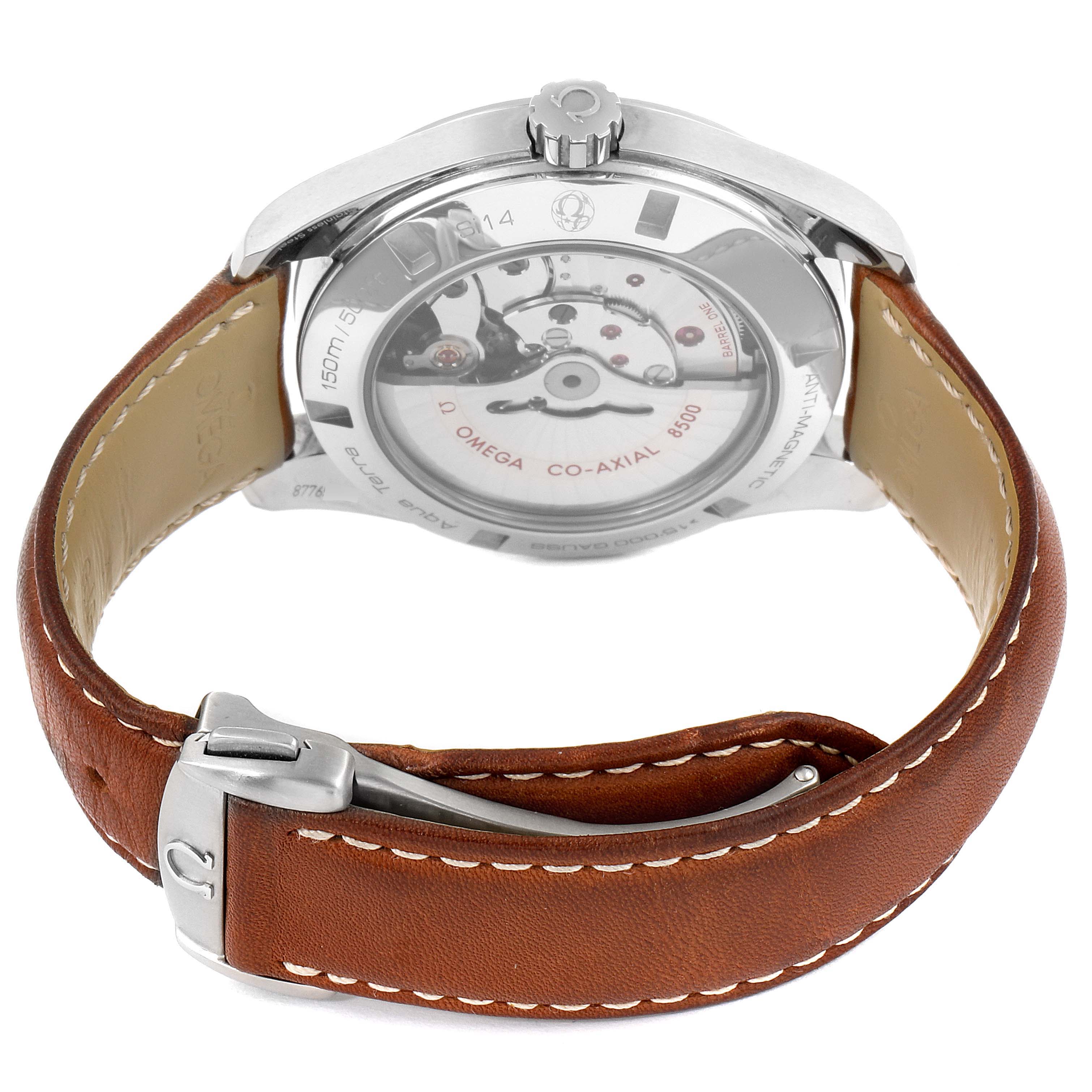 The image shows the back and side of an Omega Aqua Terra 231.12.42.21.01.002 Men's Stainless Steel Black Dial 231.12.42.21.01.002 Men's Stainless Steel Black Dial watch, focusing on the movement and leather strap.