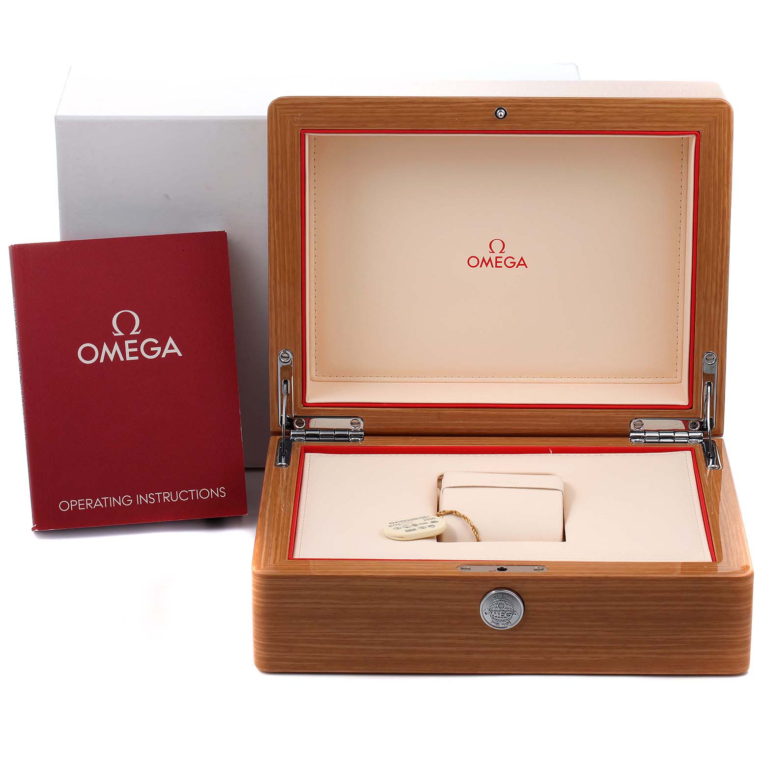 This image shows the luxury box and operating instructions for the Omega 424.10.33.20.57.001 Women's Stainless Steel Mother of Pearl Dial 424.10.33.20.57.001 Women's Stainless Steel Mother of Pearl Dial DeVille Prestige MOP Diamond Ladies Watch 424.10.33.20.57.001.