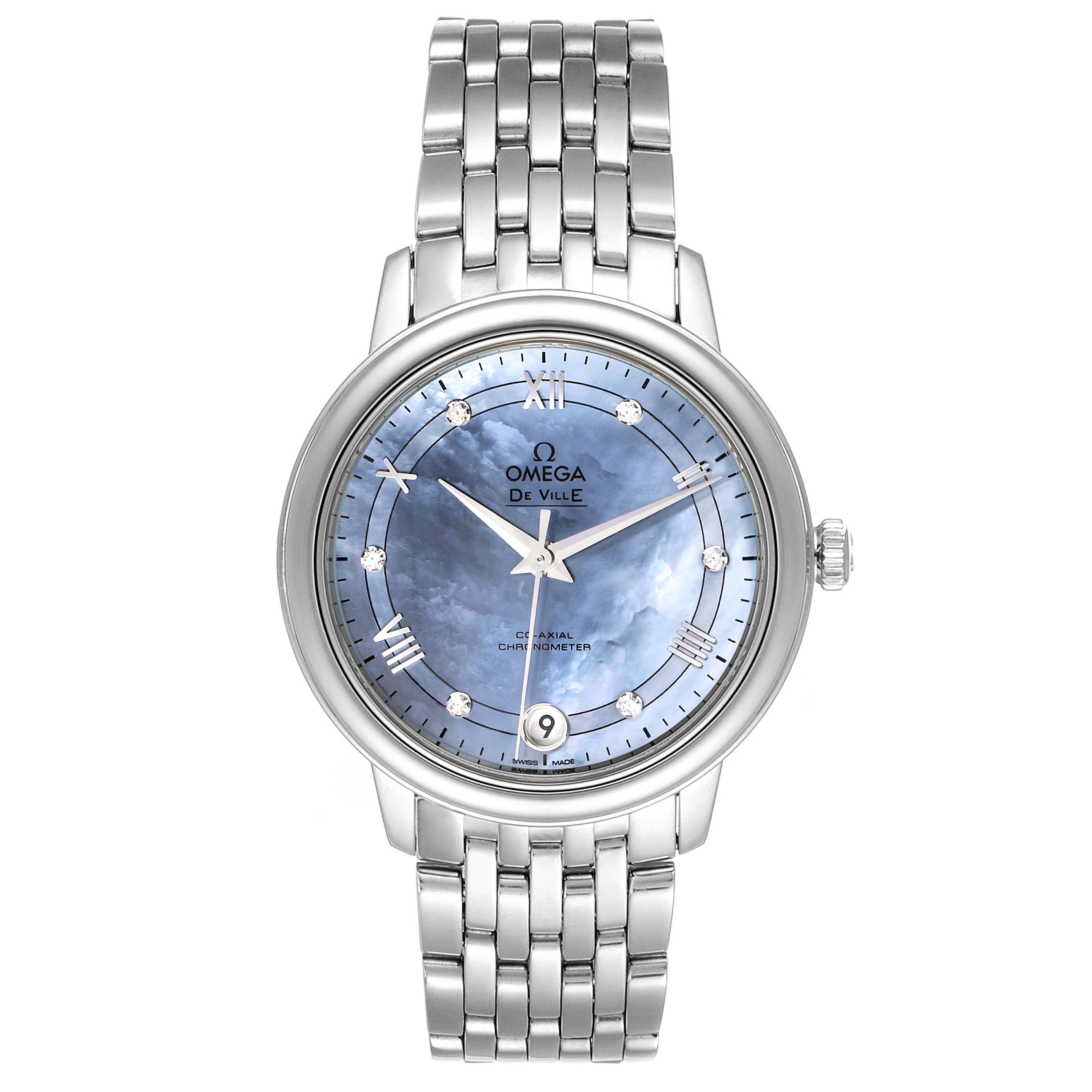 The Omega 424.10.33.20.57.001 Women's Stainless Steel Mother of Pearl Dial 424.10.33.20.57.001 Women's Stainless Steel Mother of Pearl Dial DeVille Prestige MOP Diamond Ladies Watch 424.10.33.20.57.001 is shown from a front angle, displaying its face and bracelet.