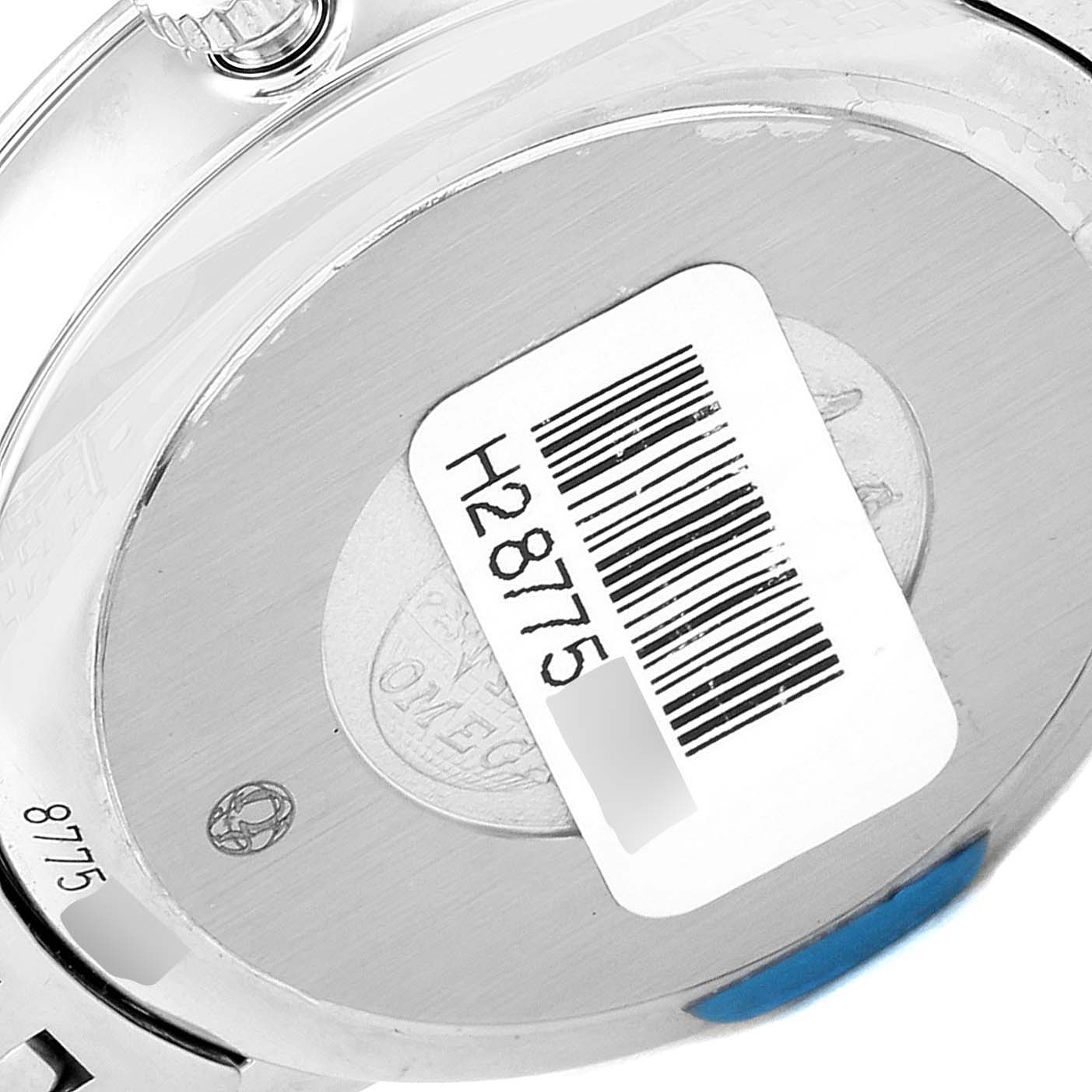 This image shows the back of the Omega 424.10.33.20.57.001 Women's Stainless Steel Mother of Pearl Dial 424.10.33.20.57.001 Women's Stainless Steel Mother of Pearl Dial DeVille Prestige MOP Diamond Ladies Watch 424.10.33.20.57.001, including the case back and barcode sticker.