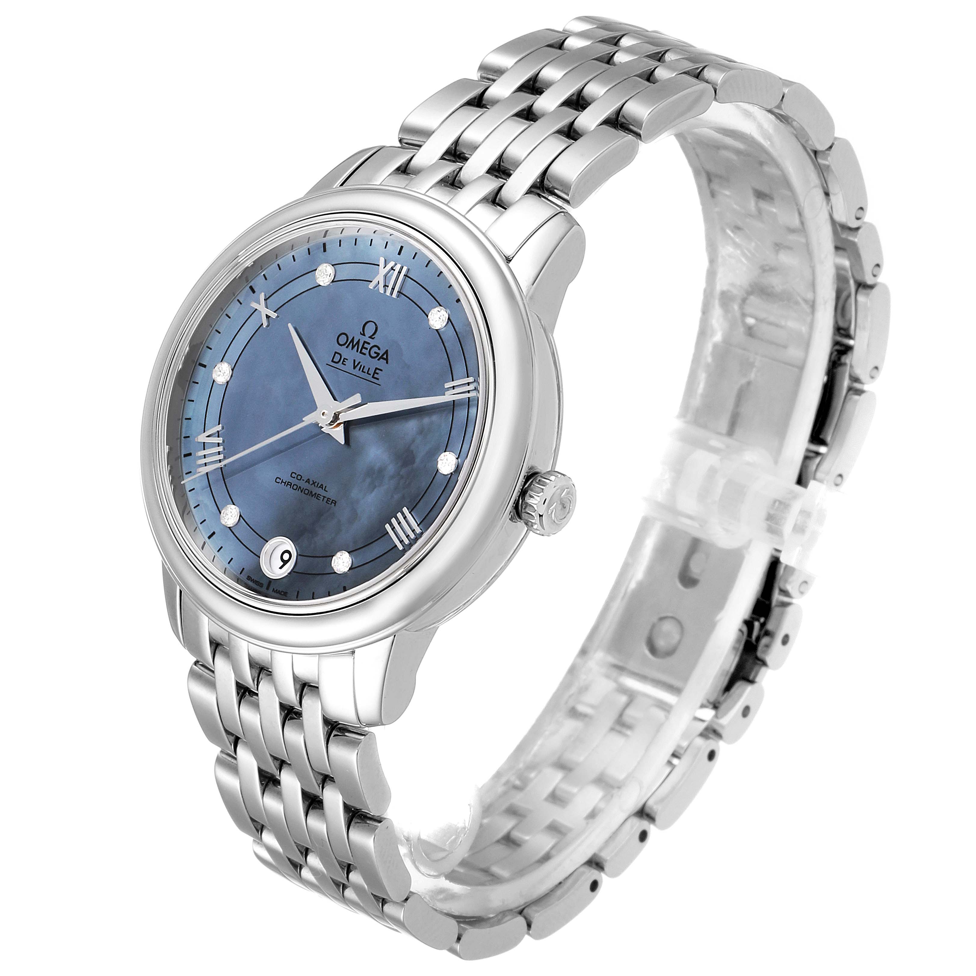 The image shows an Omega 424.10.33.20.57.001 Women's Stainless Steel Mother of Pearl Dial 424.10.33.20.57.001 Women's Stainless Steel Mother of Pearl Dial DeVille Prestige MOP Diamond Ladies Watch 424.10.33.20.57.001 from a front angle, highlighting the face and bracelet.