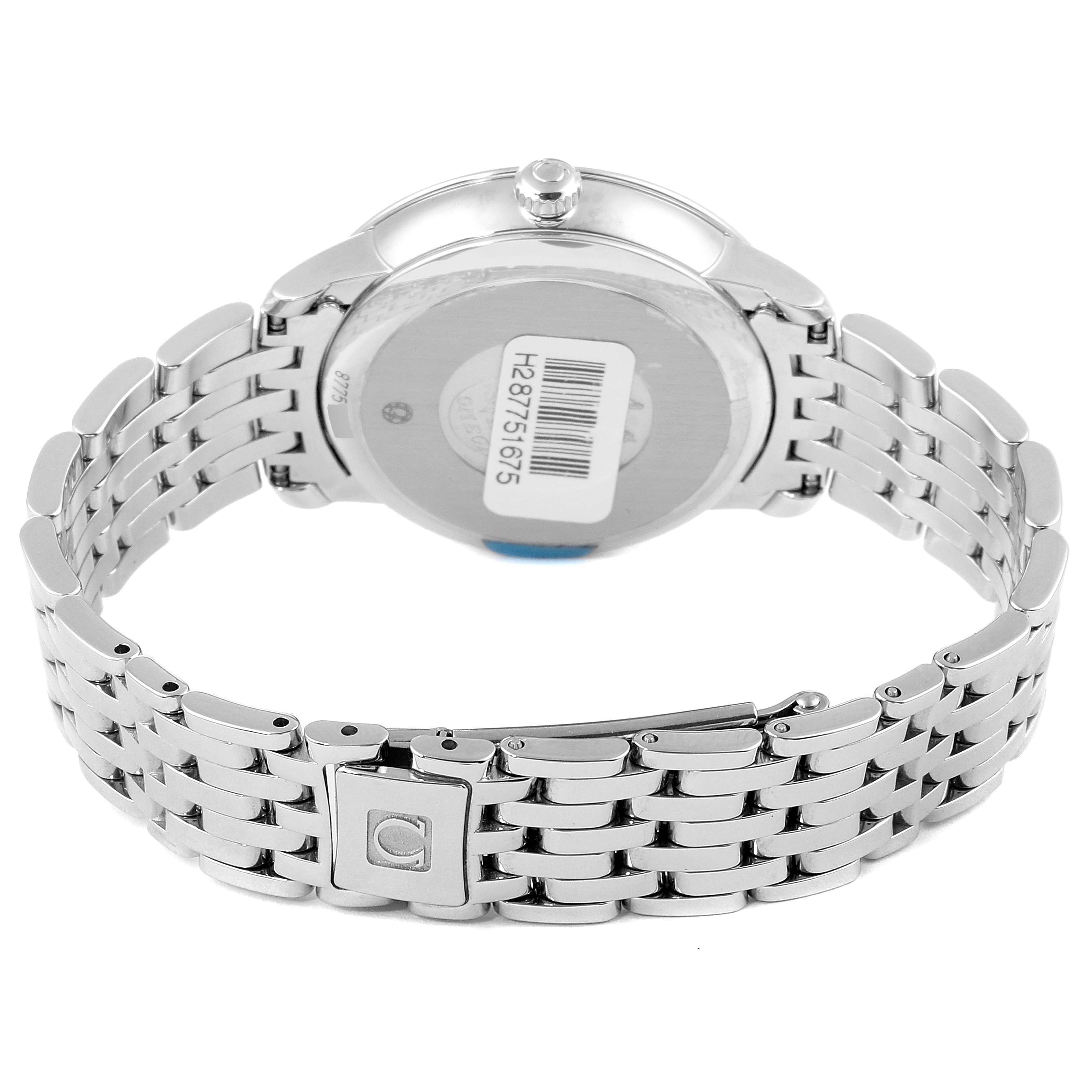 The image shows the back and band of the Omega 424.10.33.20.57.001 Women's Stainless Steel Mother of Pearl Dial 424.10.33.20.57.001 Women's Stainless Steel Mother of Pearl Dial DeVille Prestige MOP Diamond Ladies Watch 424.10.33.20.57.001.