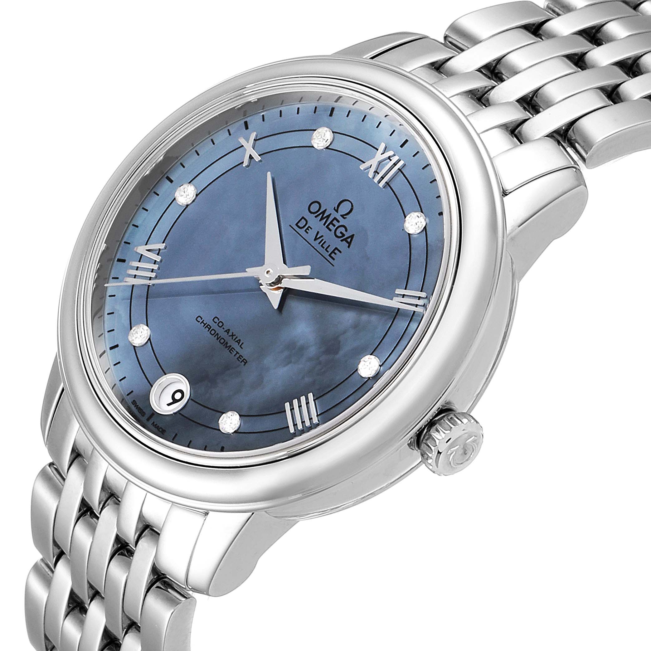 The image shows a side view of the Omega 424.10.33.20.57.001 Women's Stainless Steel Mother of Pearl Dial 424.10.33.20.57.001 Women's Stainless Steel Mother of Pearl Dial DeVille Prestige MOP Diamond Ladies Watch 424.10.33.20.57.001, highlighting its dial and bracelet.