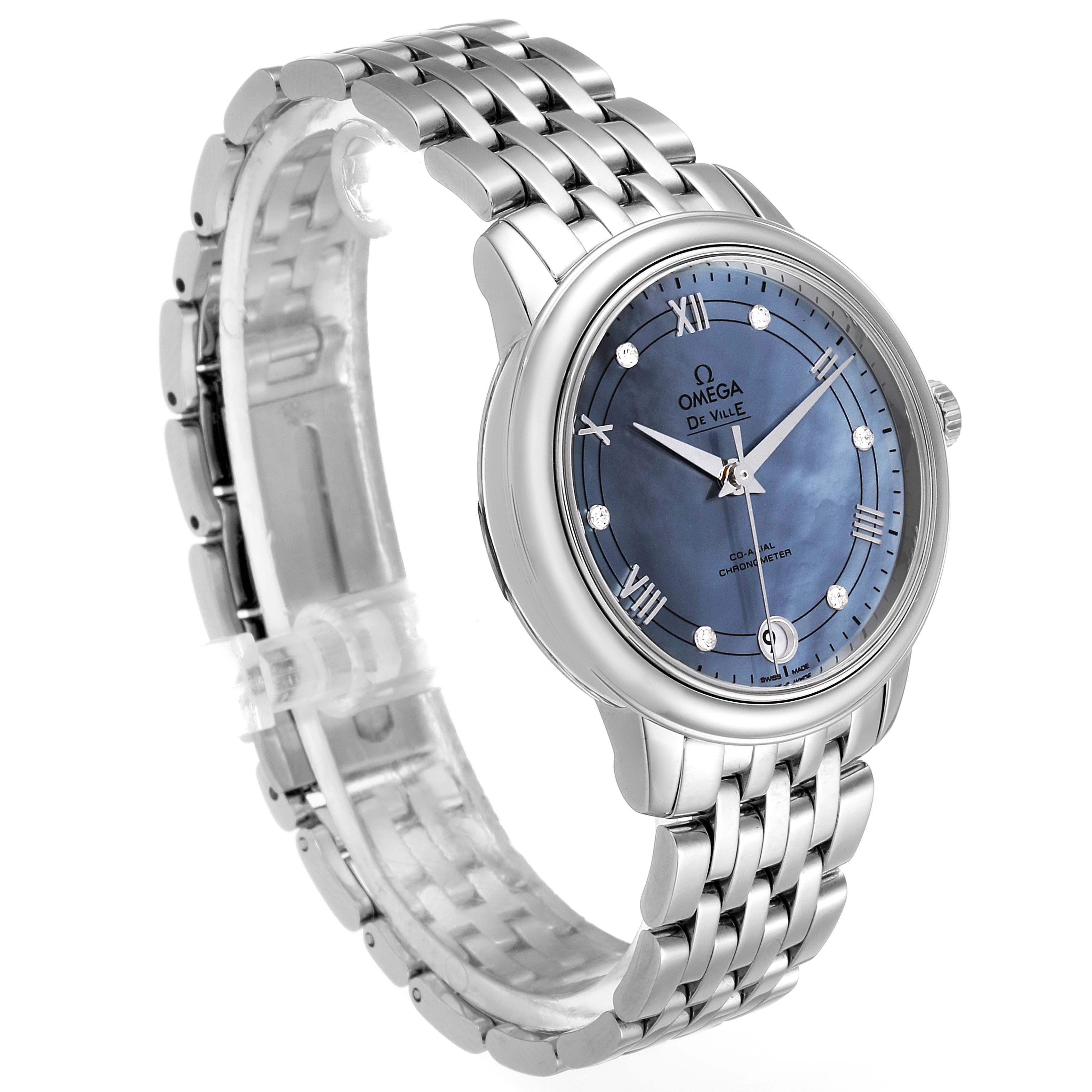 This image shows a front-left angle of the Omega 424.10.33.20.57.001 Women's Stainless Steel Mother of Pearl Dial 424.10.33.20.57.001 Women's Stainless Steel Mother of Pearl Dial DeVille Prestige MOP Diamond Ladies Watch model 424.10.33.20.57.001 displaying its face and bracelet.
