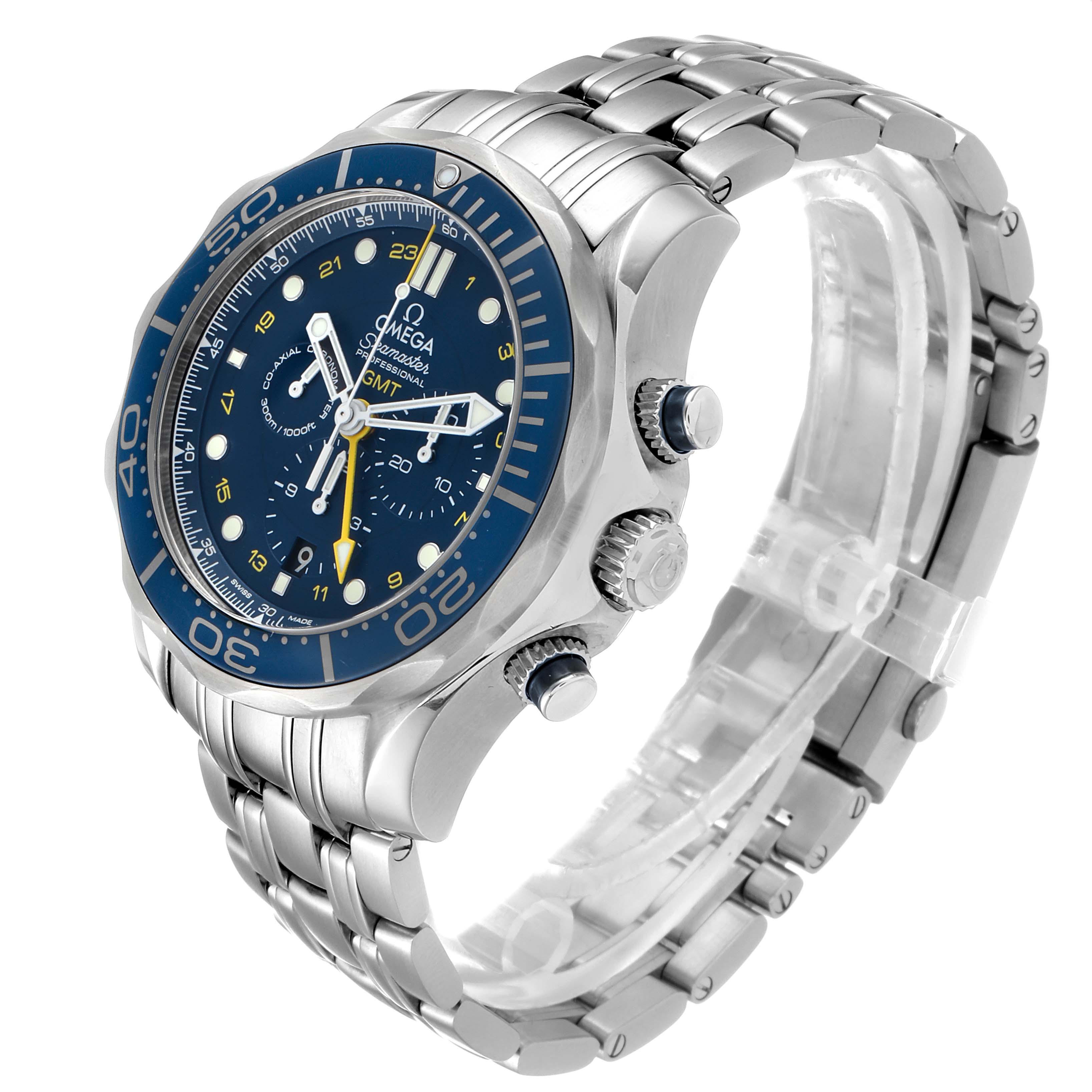 The Omega Seamaster 212.30.44.52.03.001  Men
s Stainless Steel Blue Dial 212.30.44.52.03.001  Men
s Stainless Steel Blue Dial watch is shown at a three-quarter angle, displaying its dial, bezel, crown, and bracelet.