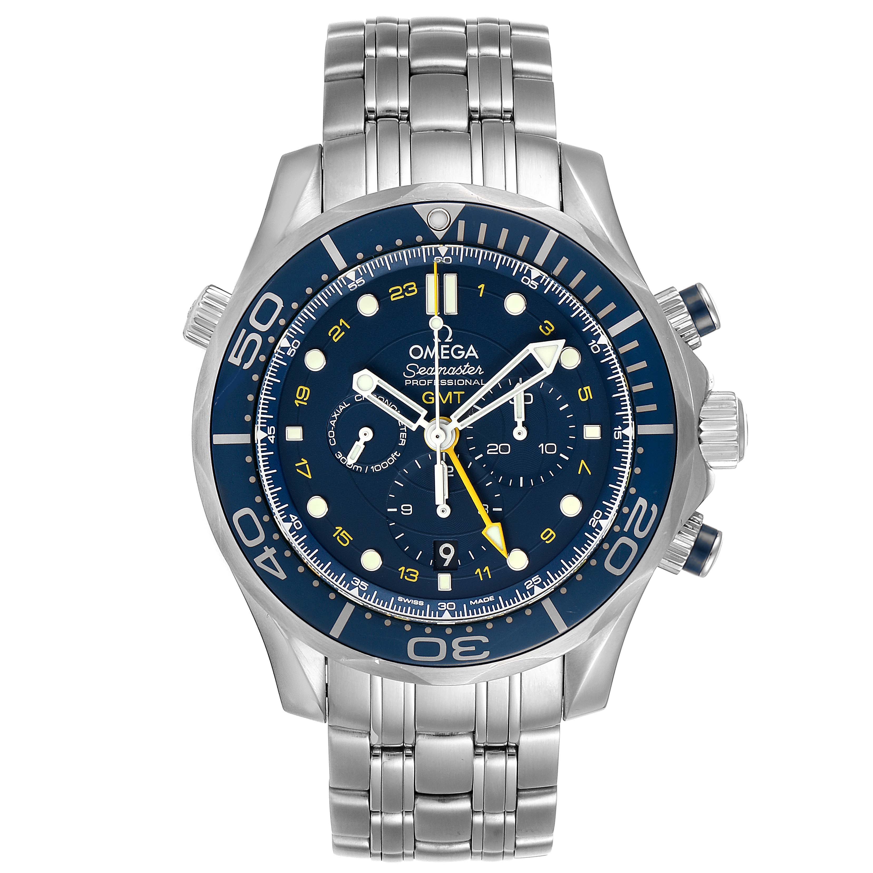 This image shows a front view of the Omega Seamaster 212.30.44.52.03.001  Men
s Stainless Steel Blue Dial 212.30.44.52.03.001  Men
s Stainless Steel Blue Dial watch, highlighting its dial, bezel, and stainless steel bracelet.