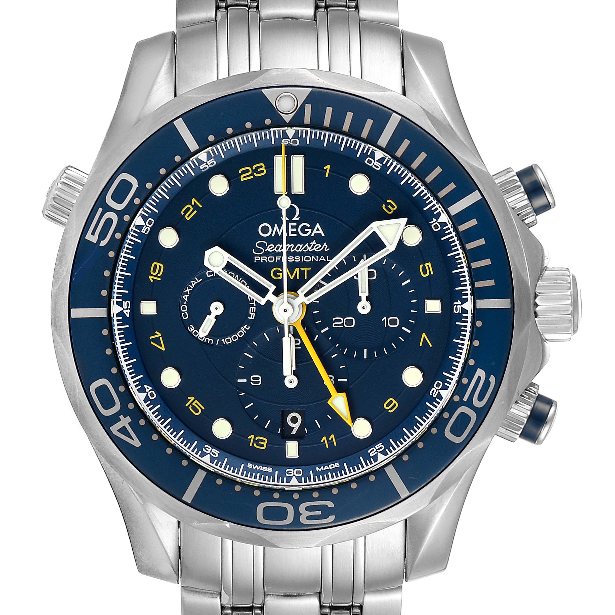 This image shows a front view of the Omega Seamaster 212.30.44.52.03.001  Men
s Stainless Steel Blue Dial 212.30.44.52.03.001  Men
s Stainless Steel Blue Dial GMT watch, highlighting the face, bezel, and stainless steel bracelet.