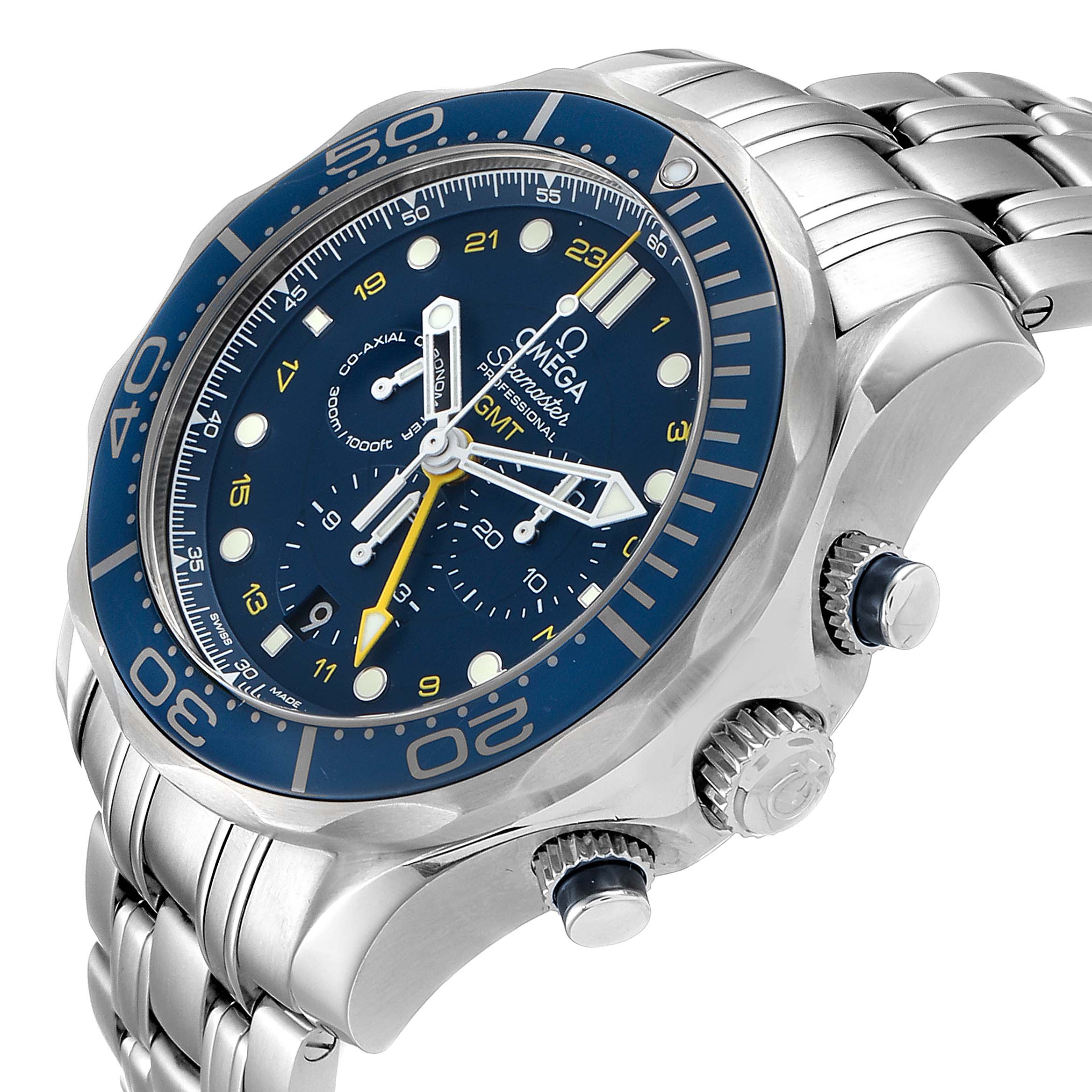 The image shows a close-up angle of an Omega Seamaster 212.30.44.52.03.001  Men
s Stainless Steel Blue Dial 212.30.44.52.03.001  Men
s Stainless Steel Blue Dial watch
s bezel, dial, and band.
