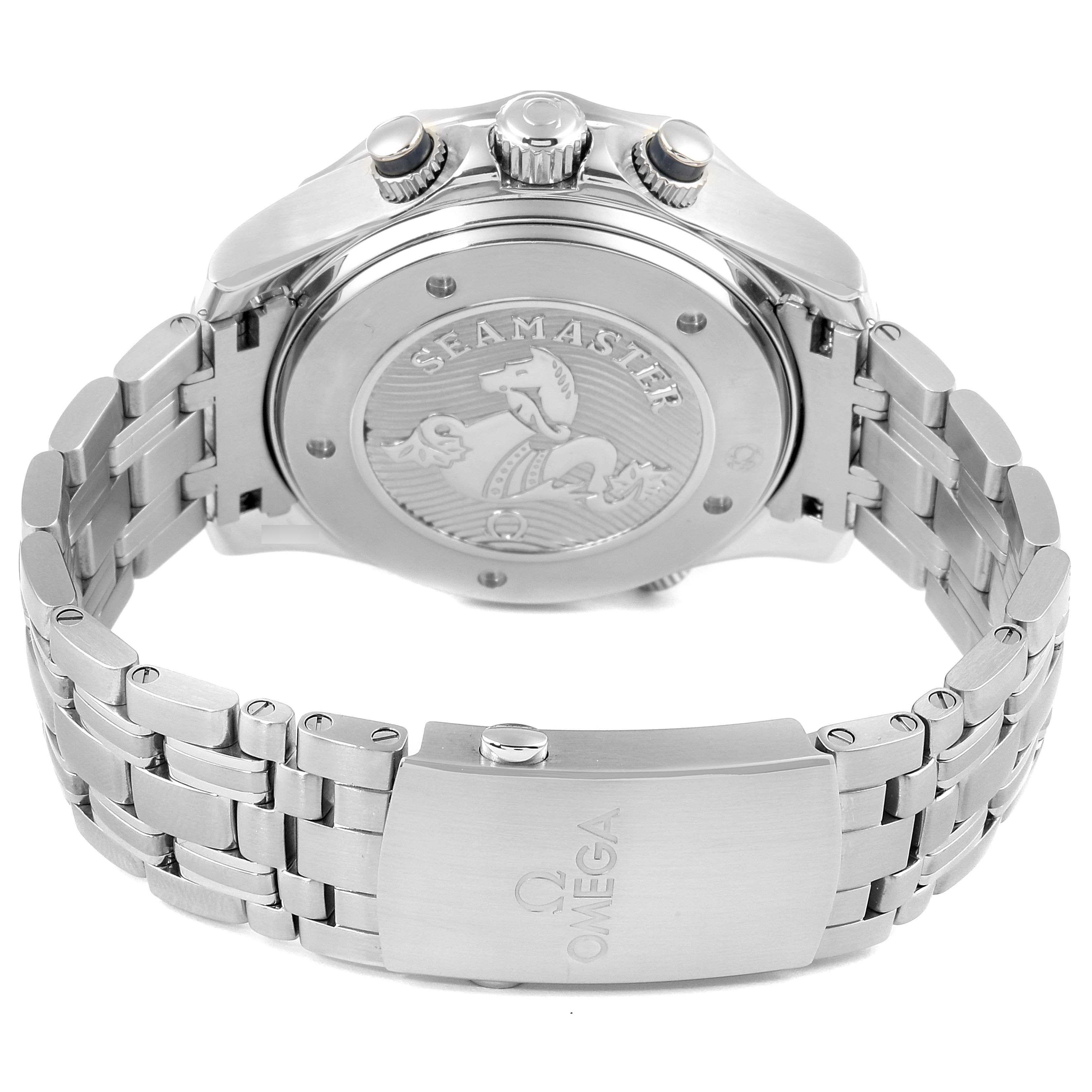 This Omega Seamaster 212.30.44.52.03.001  Men
s Stainless Steel Blue Dial 212.30.44.52.03.001  Men
s Stainless Steel Blue Dial watch is shown from the rear, highlighting the engraved case back and metal bracelet with clasp.
