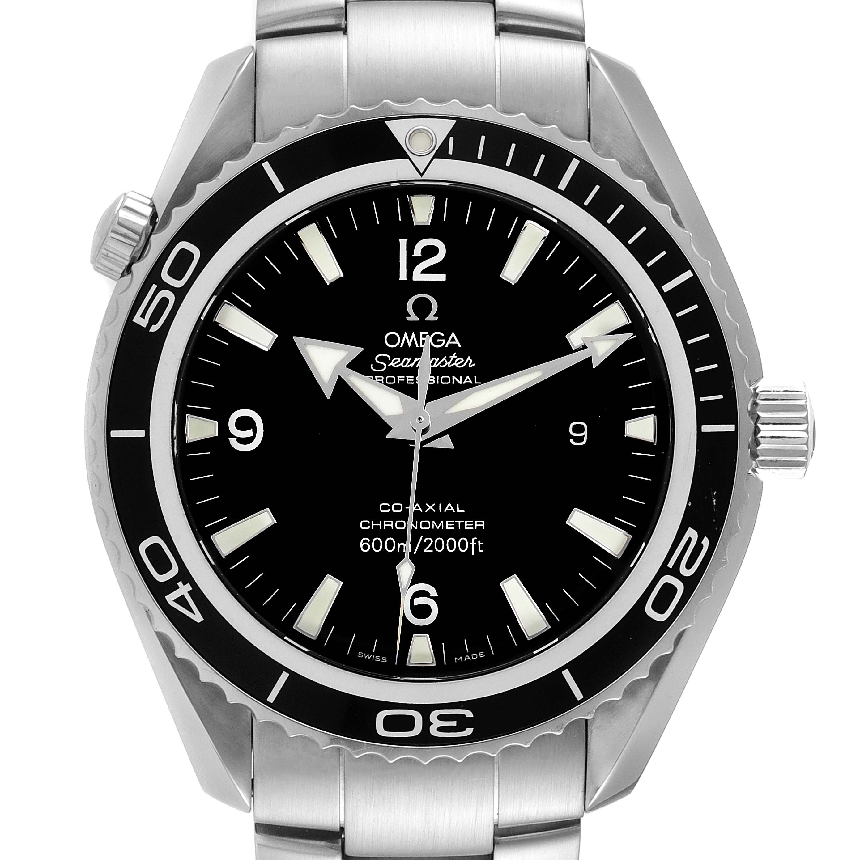 The image shows a front view of an Omega Seamaster Planet Ocean watch, highlighting its dial, bezel, and stainless steel bracelet.