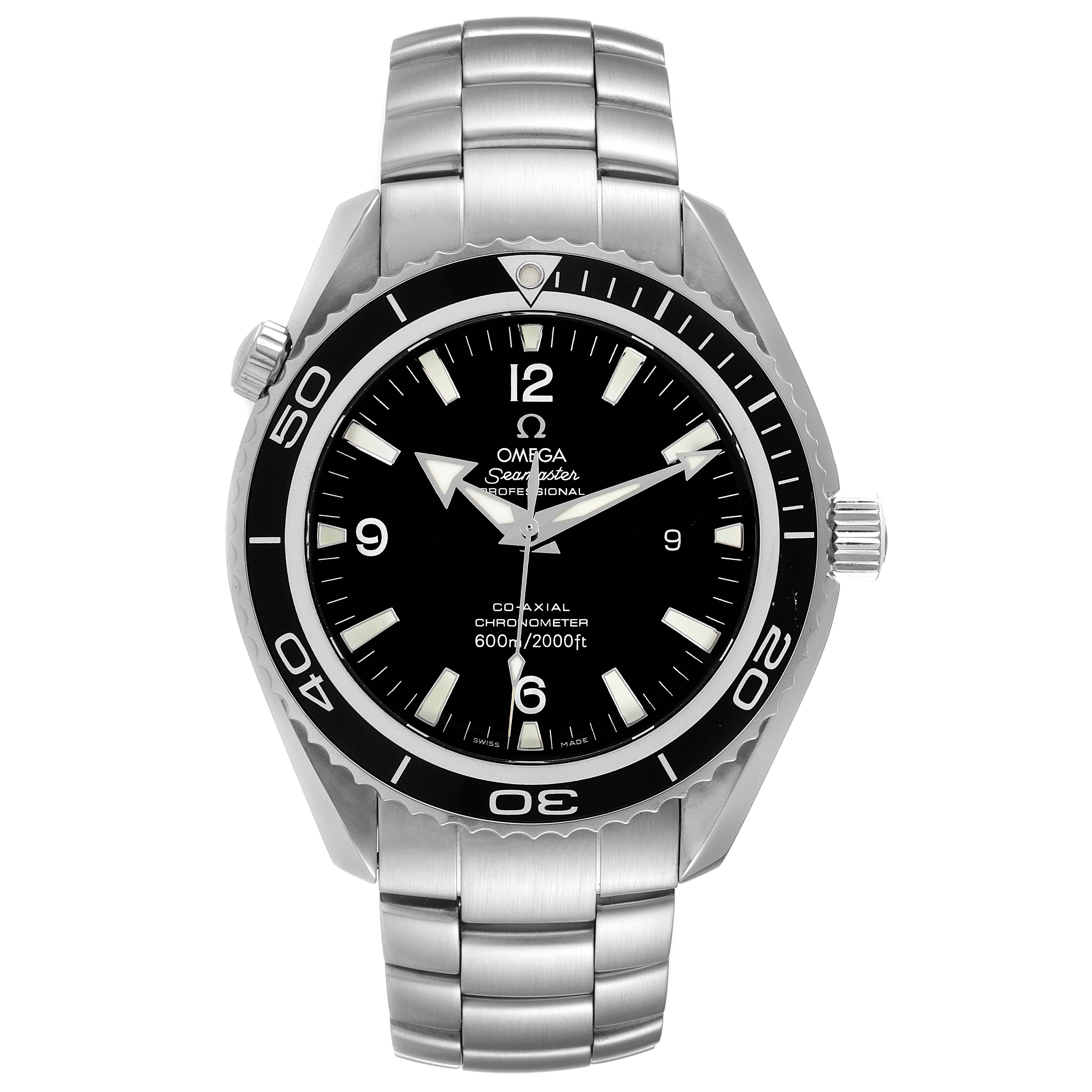 The image shows a front view of an Omega Planet Ocean 2200.50.00 Men's Stainless Steel Black Dial 2200.50.00 Men's Stainless Steel Black Dial watch, featuring the dial, bezel, crown, and bracelet.