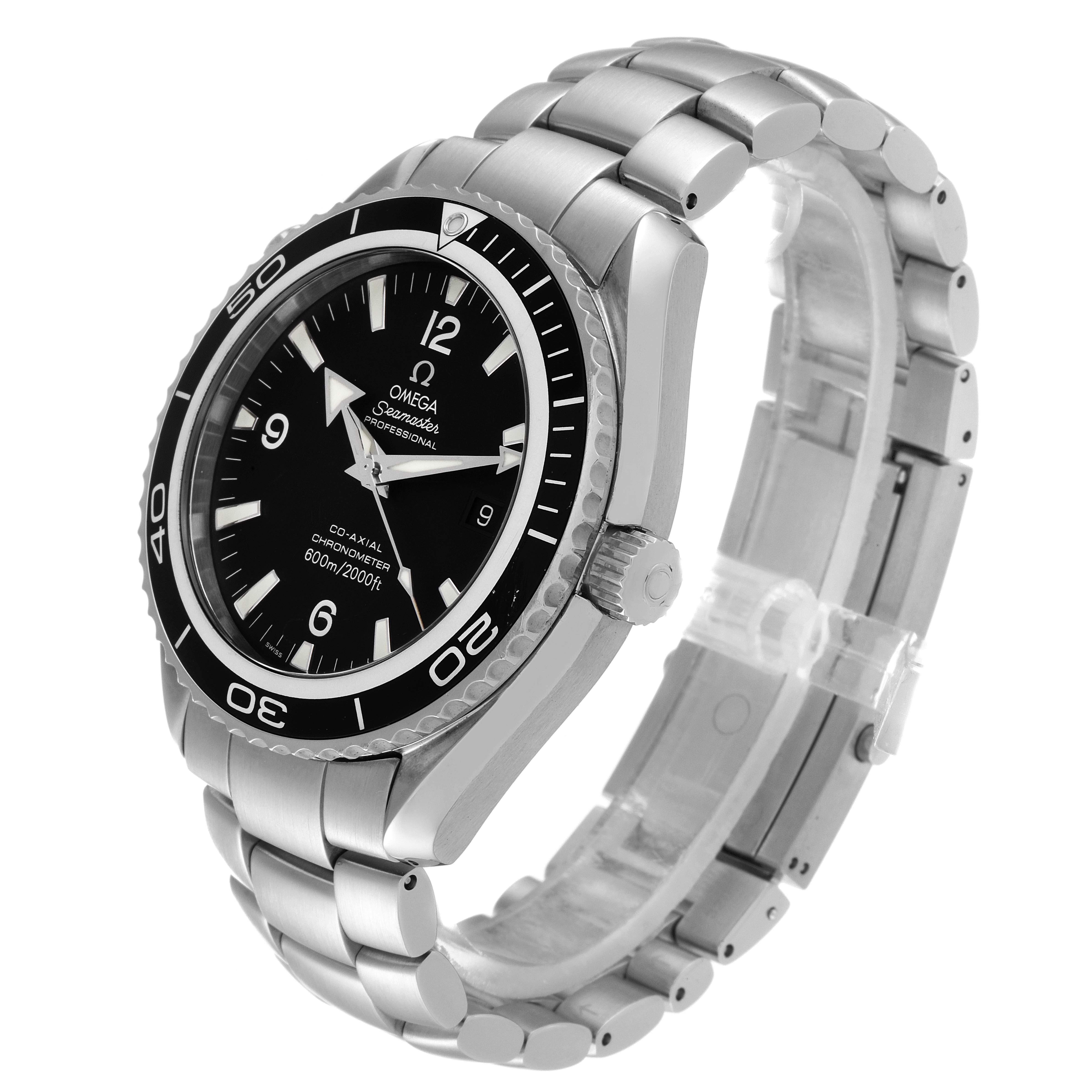 The Omega Planet Ocean 2200.50.00 Men's Stainless Steel Black Dial 2200.50.00 Men's Stainless Steel Black Dial model watch is shown at a three-quarters angle, detailing the face, bezel, crown, and bracelet.