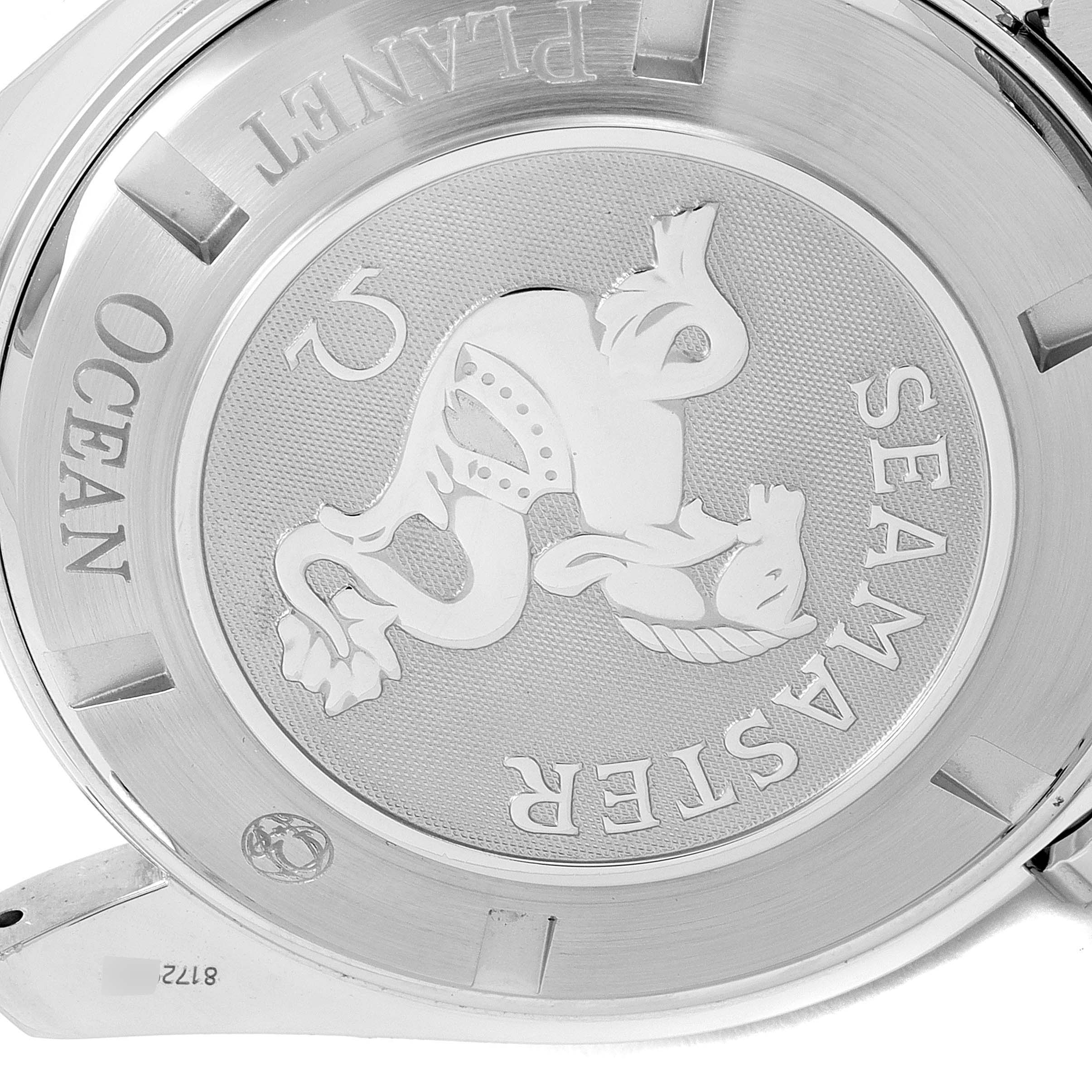 The image shows the back case of the Omega Planet Ocean 2200.50.00 Men's Stainless Steel Black Dial 2200.50.00 Men's Stainless Steel Black Dial Seamaster watch, featuring engraved branding and a seahorse emblem.