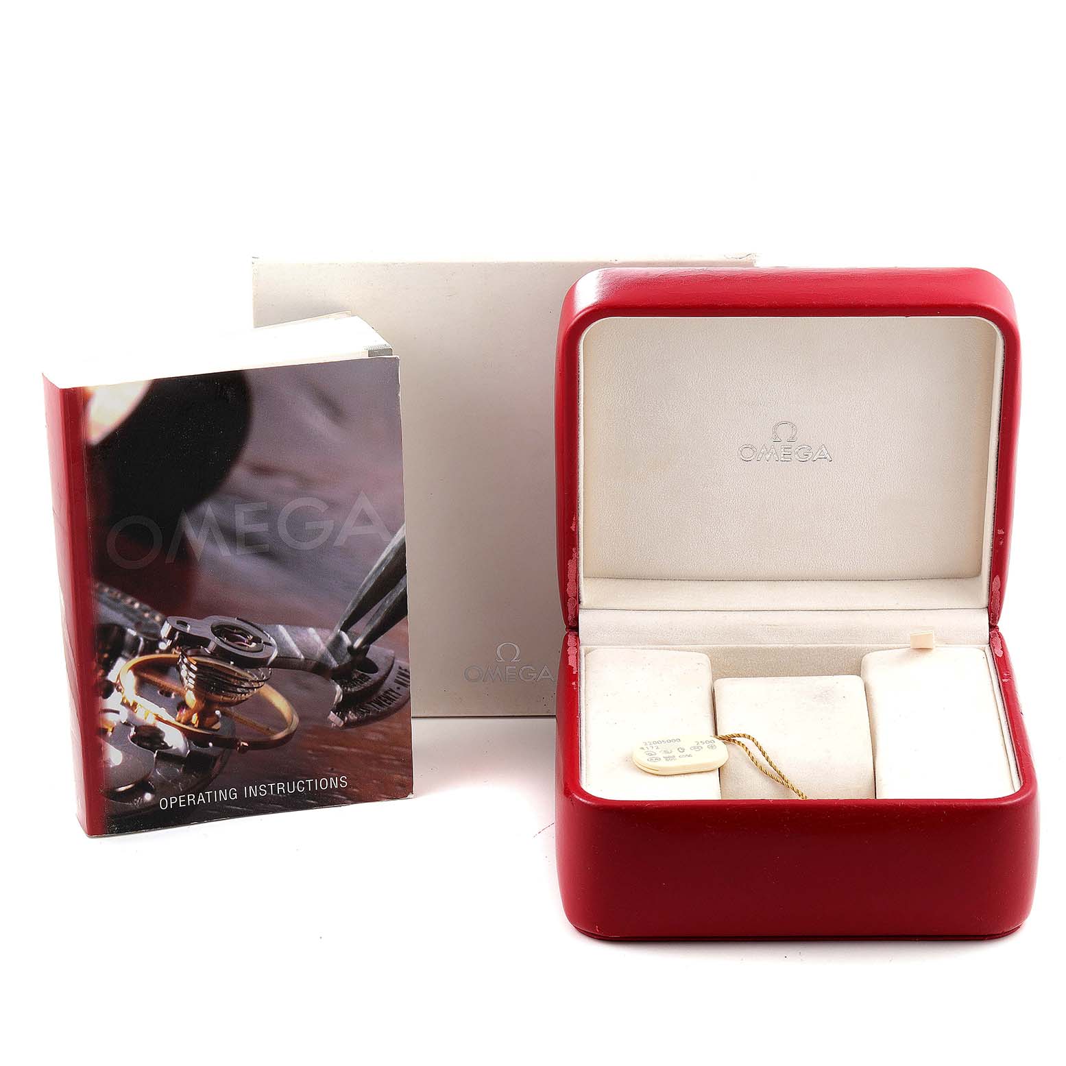 The image shows the Omega Planet Ocean 2200.50.00 Men's Stainless Steel Black Dial 2200.50.00 Men's Stainless Steel Black Dial watch box, operating instructions booklet, and a tag, all viewed from the front.