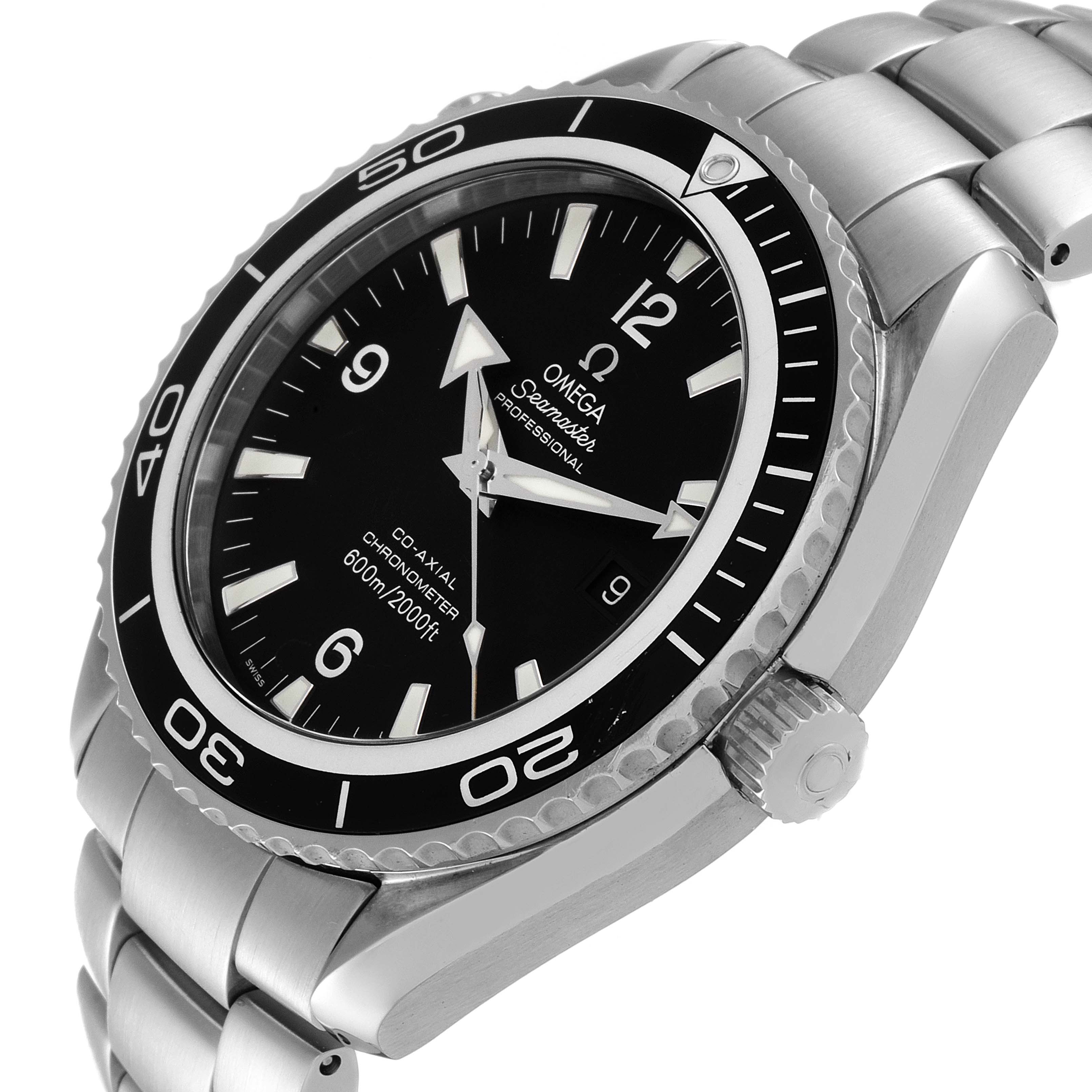 The image shows a side angle of an Omega Planet Ocean 2200.50.00 Men's Stainless Steel Black Dial 2200.50.00 Men's Stainless Steel Black Dial watch, highlighting the bezel, crown, and bracelet.