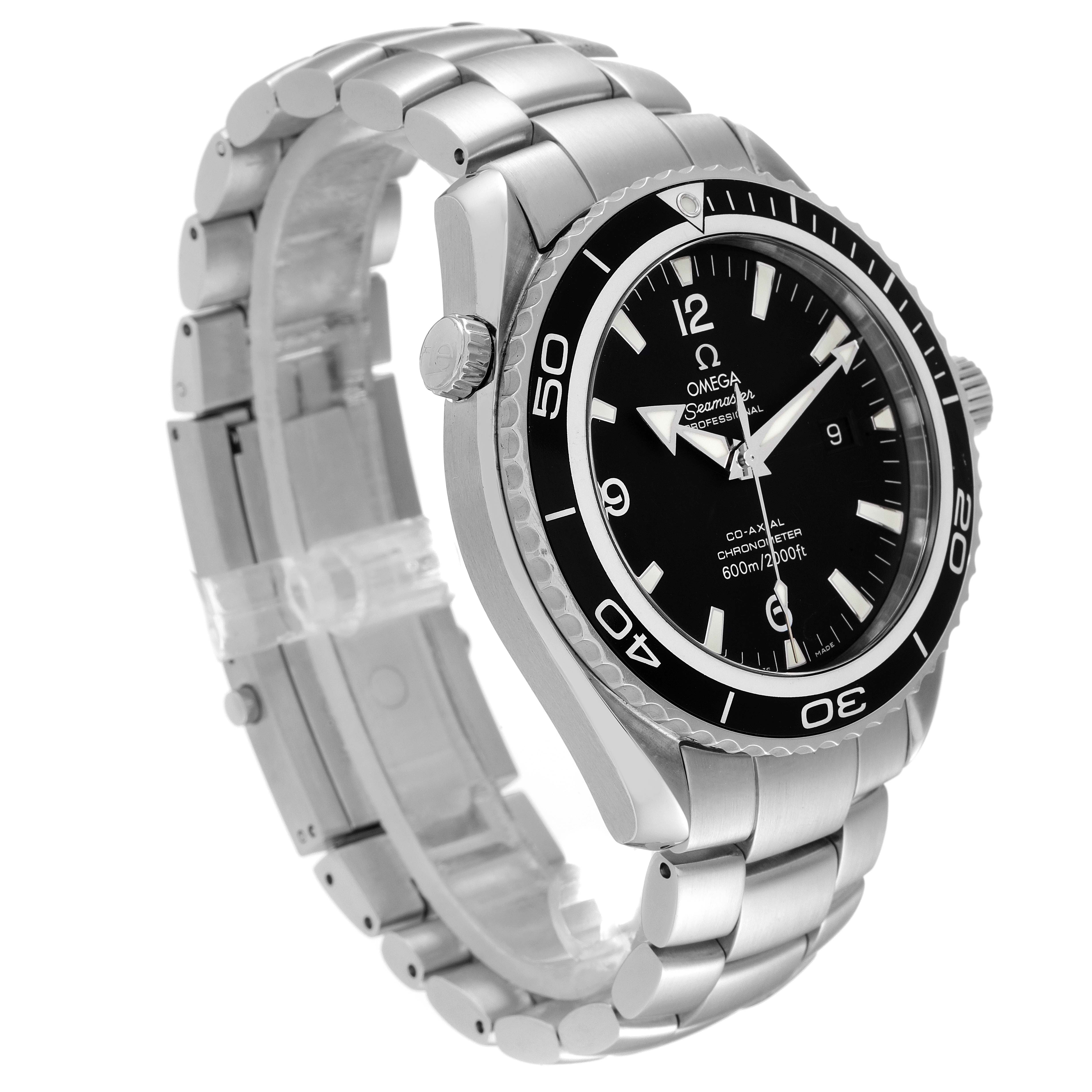 The image shows a side angle of the Omega Planet Ocean 2200.50.00 Men's Stainless Steel Black Dial 2200.50.00 Men's Stainless Steel Black Dial watch, highlighting the bezel, dial, case, and metal bracelet.