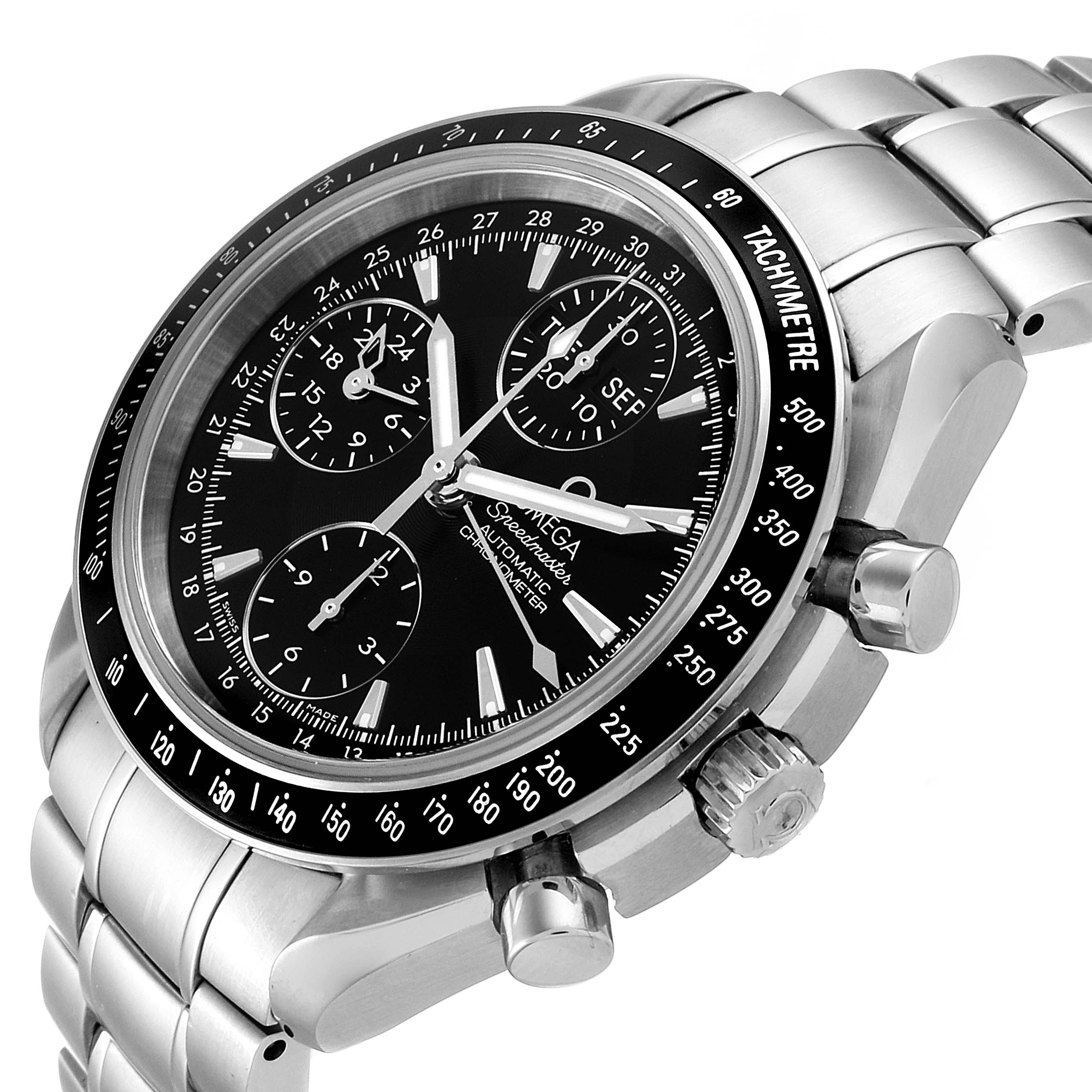 The Omega Speedmaster 3220.50.00 Men
s Stainless Steel Black Dial 3220.50.00 Men
s Stainless Steel Black Dial is shown at a slight right-side angle, highlighting the face, bezel, crown, and part of the bracelet.