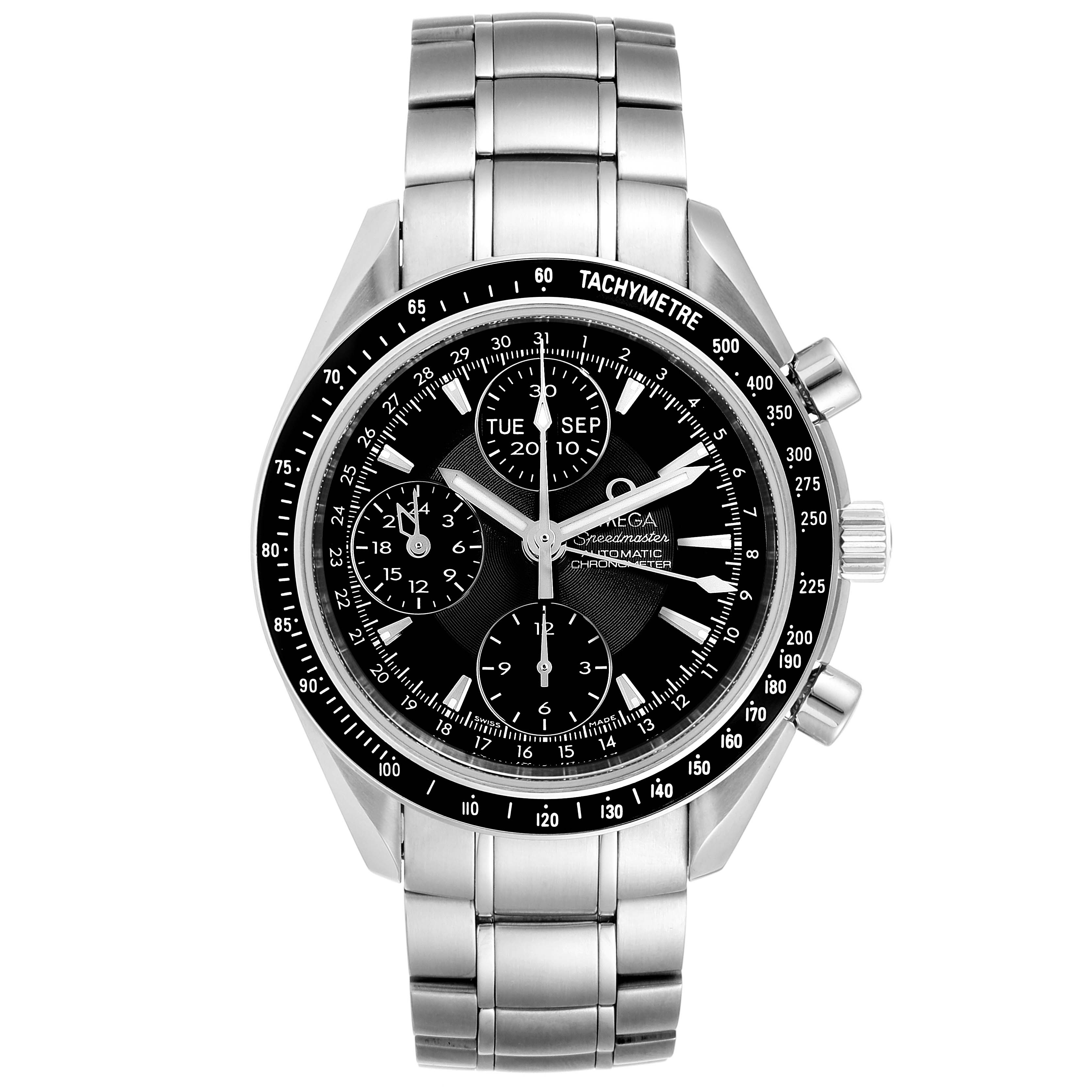The image shows a front view of an Omega Speedmaster 3220.50.00 Men
s Stainless Steel Black Dial 3220.50.00 Men
s Stainless Steel Black Dial watch, displaying the dial, sub-dials, and bracelet.