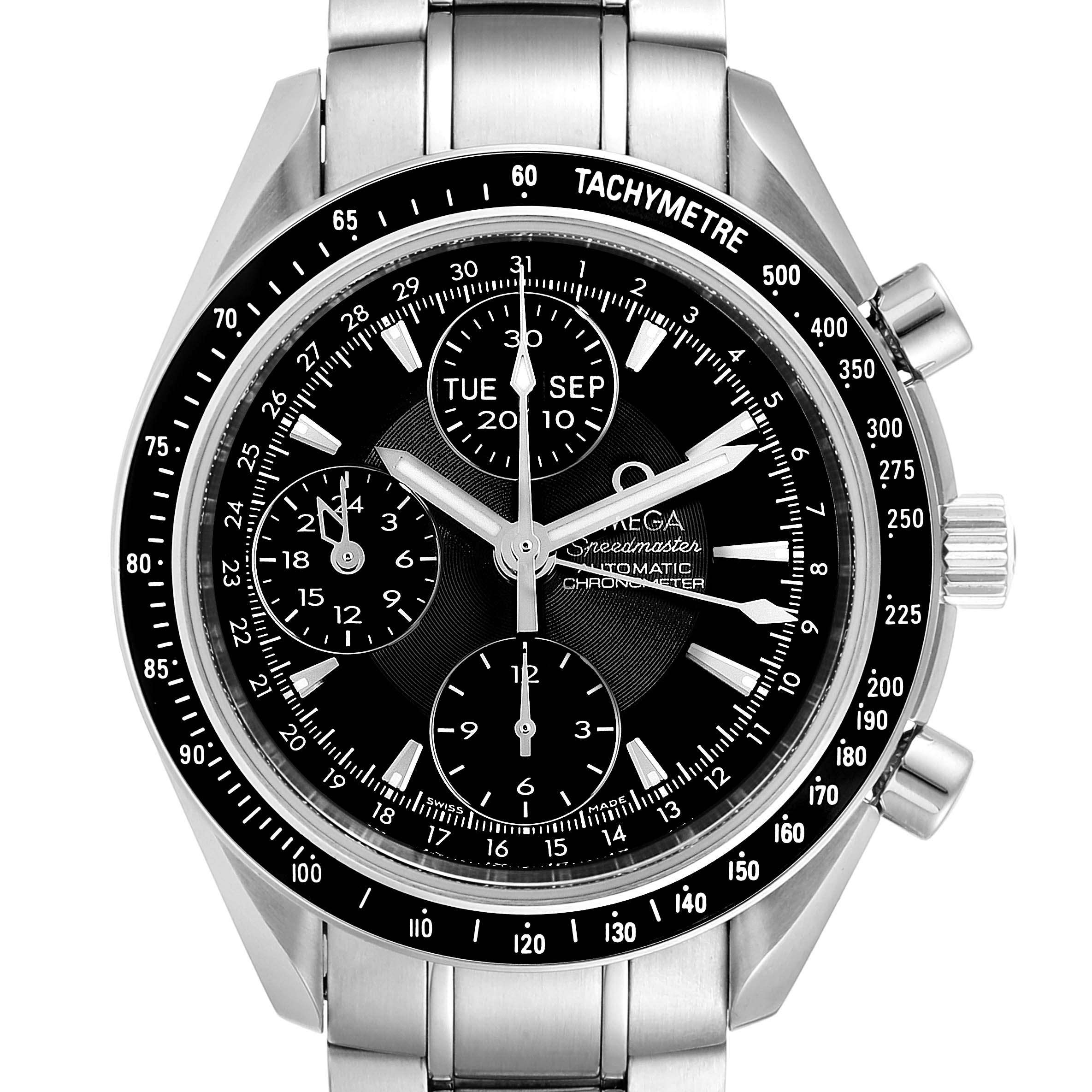 The Omega Speedmaster 3220.50.00 Men
s Stainless Steel Black Dial 3220.50.00 Men
s Stainless Steel Black Dial watch is shown from the front, displaying its face, tachymeter bezel, sub-dials, and metal bracelet.