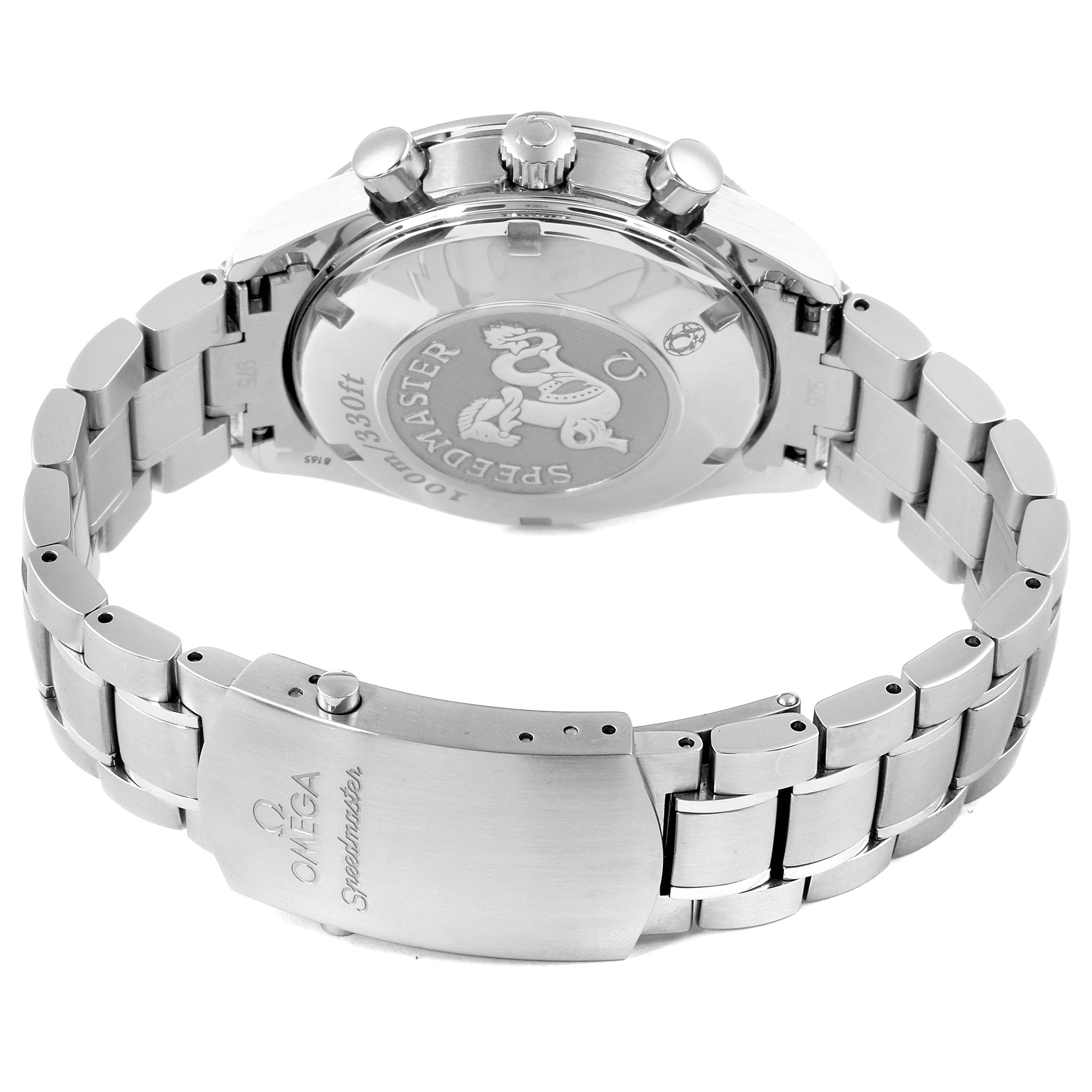 The image shows the back view of an Omega Speedmaster 3220.50.00 Men
s Stainless Steel Black Dial 3220.50.00 Men
s Stainless Steel Black Dial watch, including its case back, bracelet, and clasp.